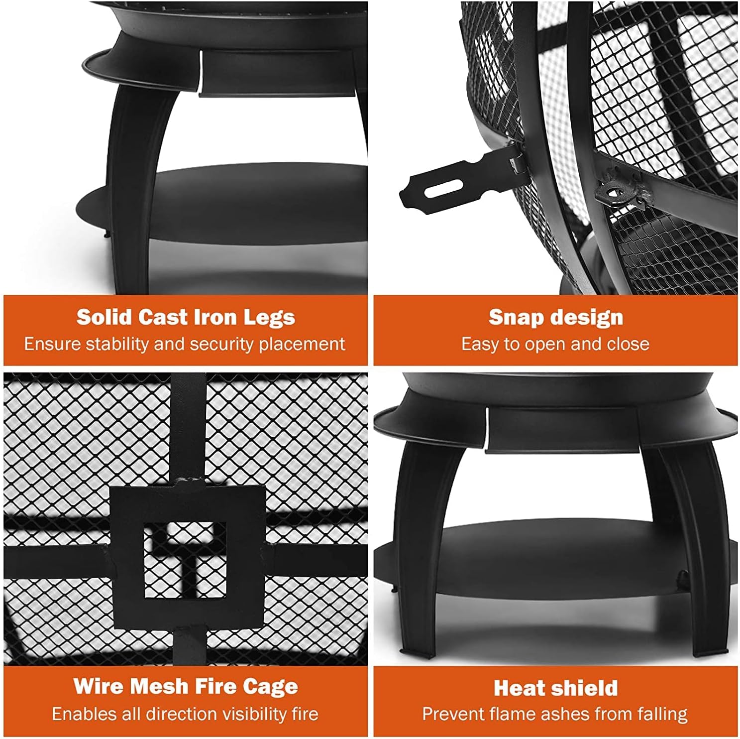 SAFSTAR Outdoor Cast Iron Chiminea, Fireplace Wooden Chiminea Fire Pit w/Fire Poker, 360°Fire Retardant Mesh Cover, Patio Wood Burning Fire Pit