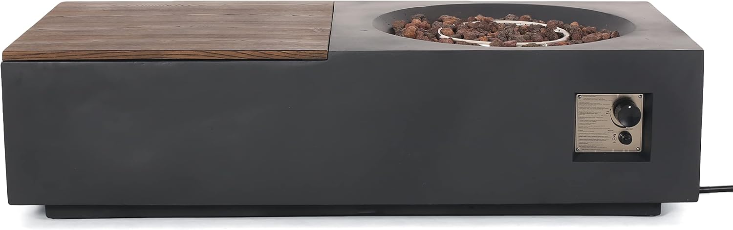 Outdoor 50,000 BTU Lightweight Concrete Rectangular Fire Pit Table with Storage, Dark Gray and Natural Brown (Tank Cover not Included)