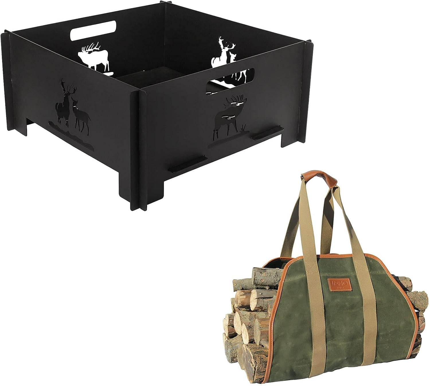 Portable Plug Fire Pit, Heavy Duty Outdoor Living FirePit and Waxed Canvas Log Carrier Tote Bag,40