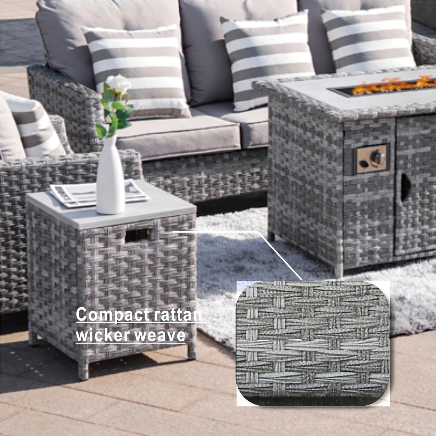 Direct Wicker Aluminum 7-Person Gray Seating Group with Fire Pit and Cushions