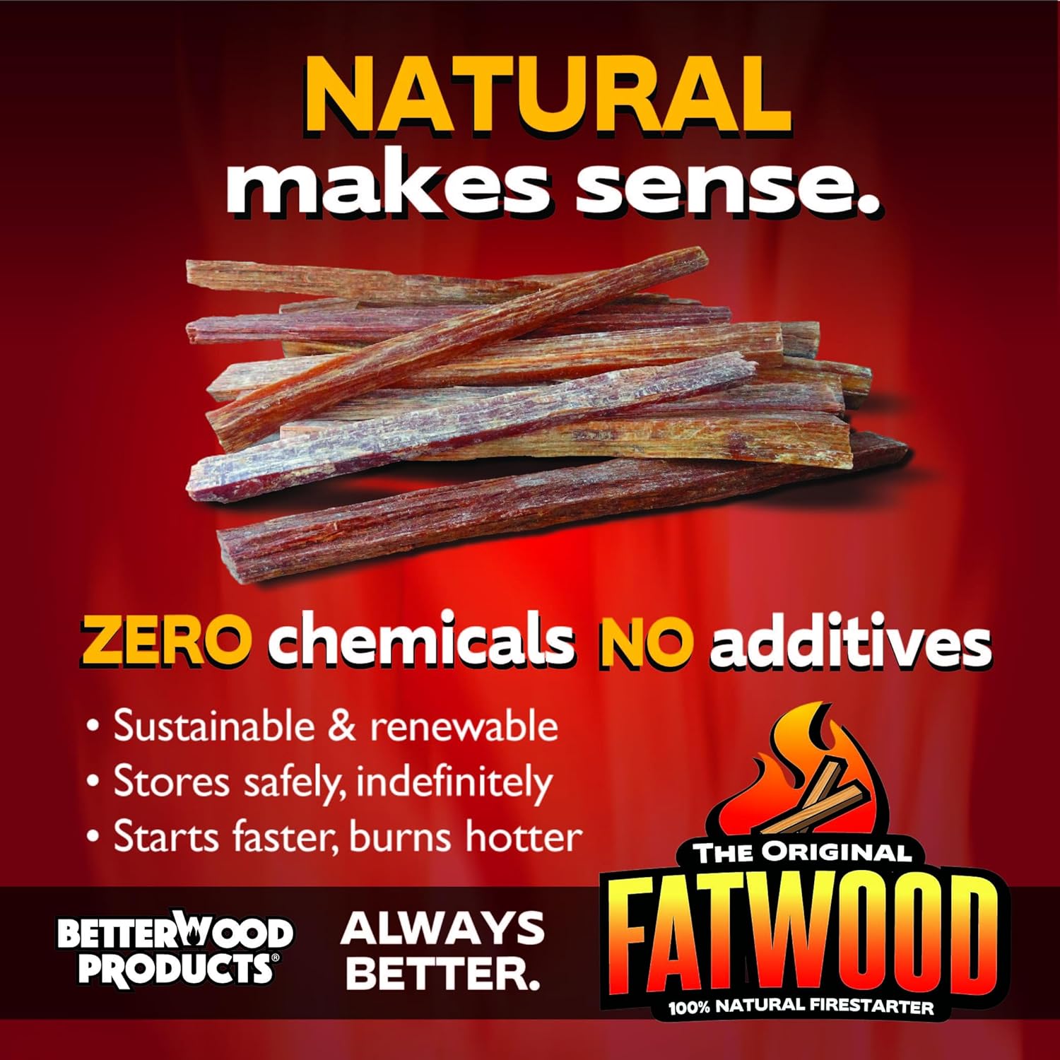 Betterwood 10lb Fatwood Natural Pine Firestarter (4 Pack) for Campfire, BBQ, or Pellet Stove; Non-Toxic and Water Resistant
