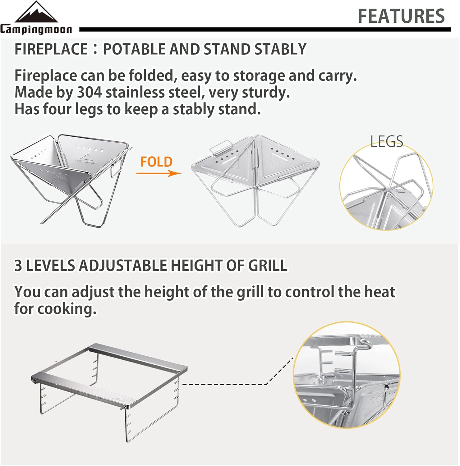 CAMPINGMOON 3-in-1 Portable Stainless Steel Wood Burning Grill and Fire Pit 14x15.35-inch with Carrying Bag MT-035