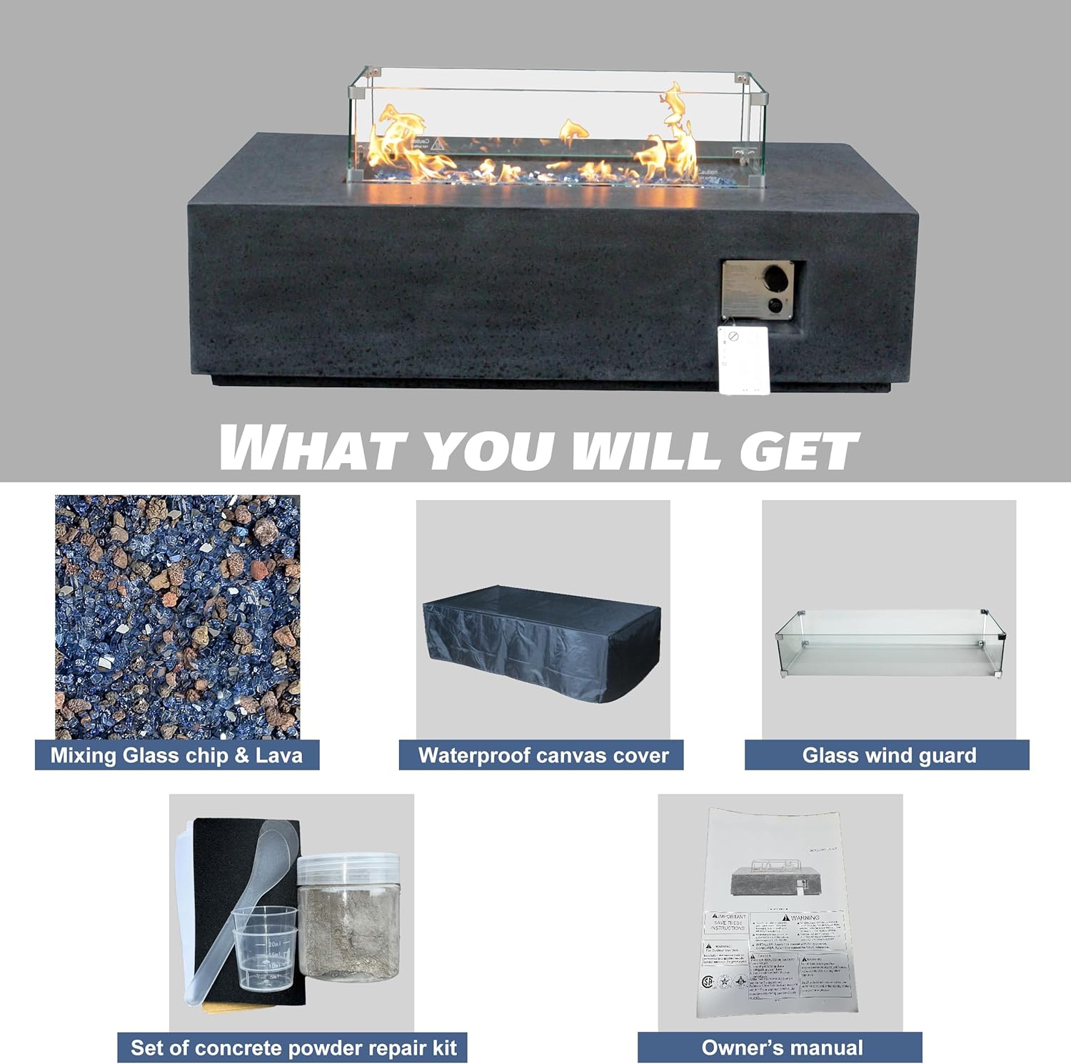 52 Inch Outdoor Concrete Propane Gas Rectangle Fire Pit Table in Dark Gray Color