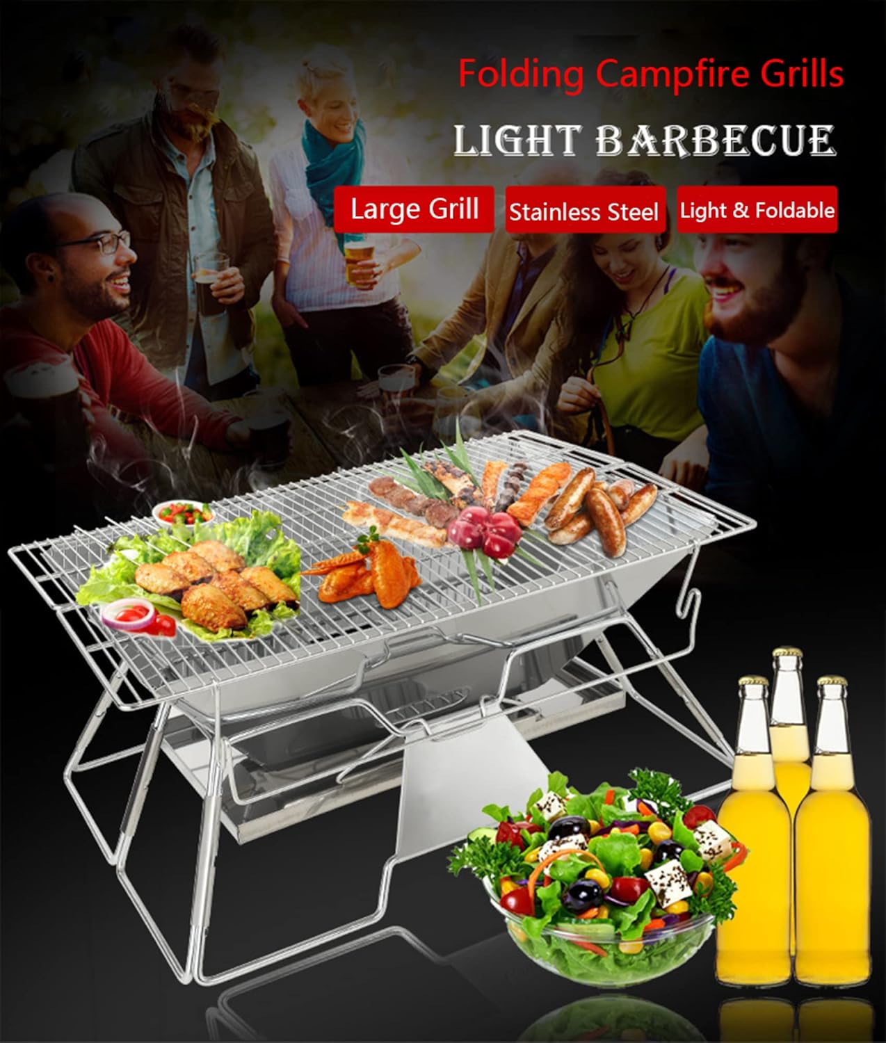 Folding Campfire Grill Stainless Steel Camping Fire Pit Portable Wood Stove Burner Charcoal BBQ Grill with Carrying Bag for Outdoor Travel Hiking(Rectangular)