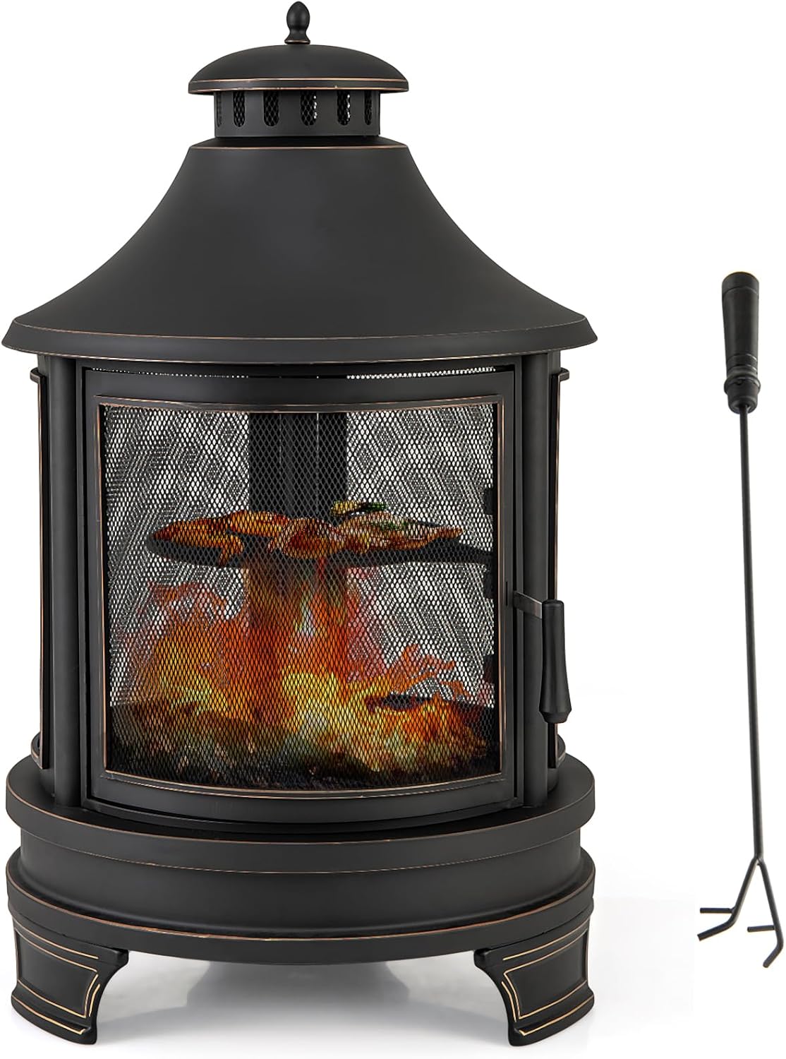 Giantex 2 in 1 Outdoor Fire Pit with Grill, 30 Inch Metal Chiminea, Wood Burning Fireplace with Chimney, Spark Screen Door & Fire Poker, Patio Firepit for Garden, Backyard, BBQ