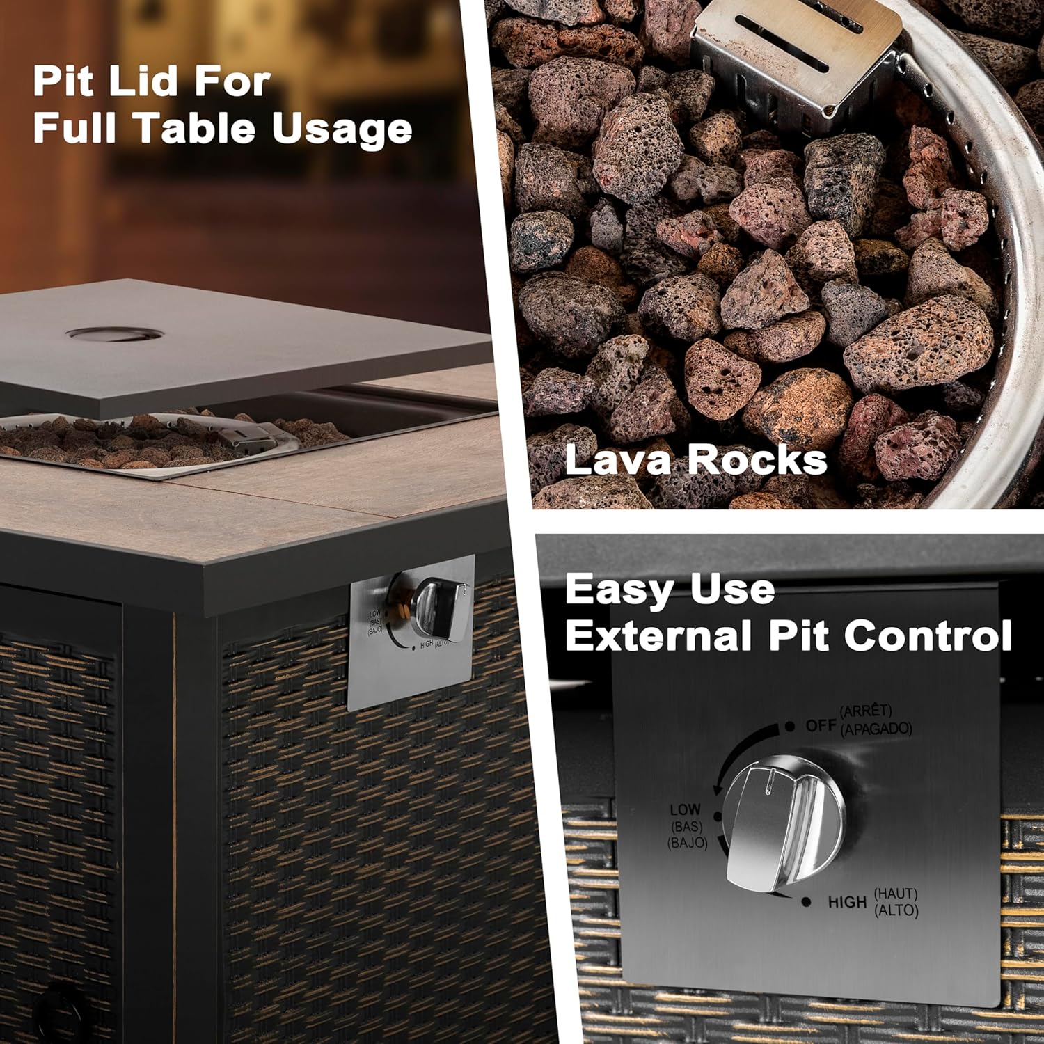 Nuu Garden 30 Inch Outdoor Propane Fire Pit Table, 50,000 BTU Square Gas Fire Table with Ceramic Tabletop, Lid, Cover and Lava Rock for Patio Outside Garden Backyard Party, Brown