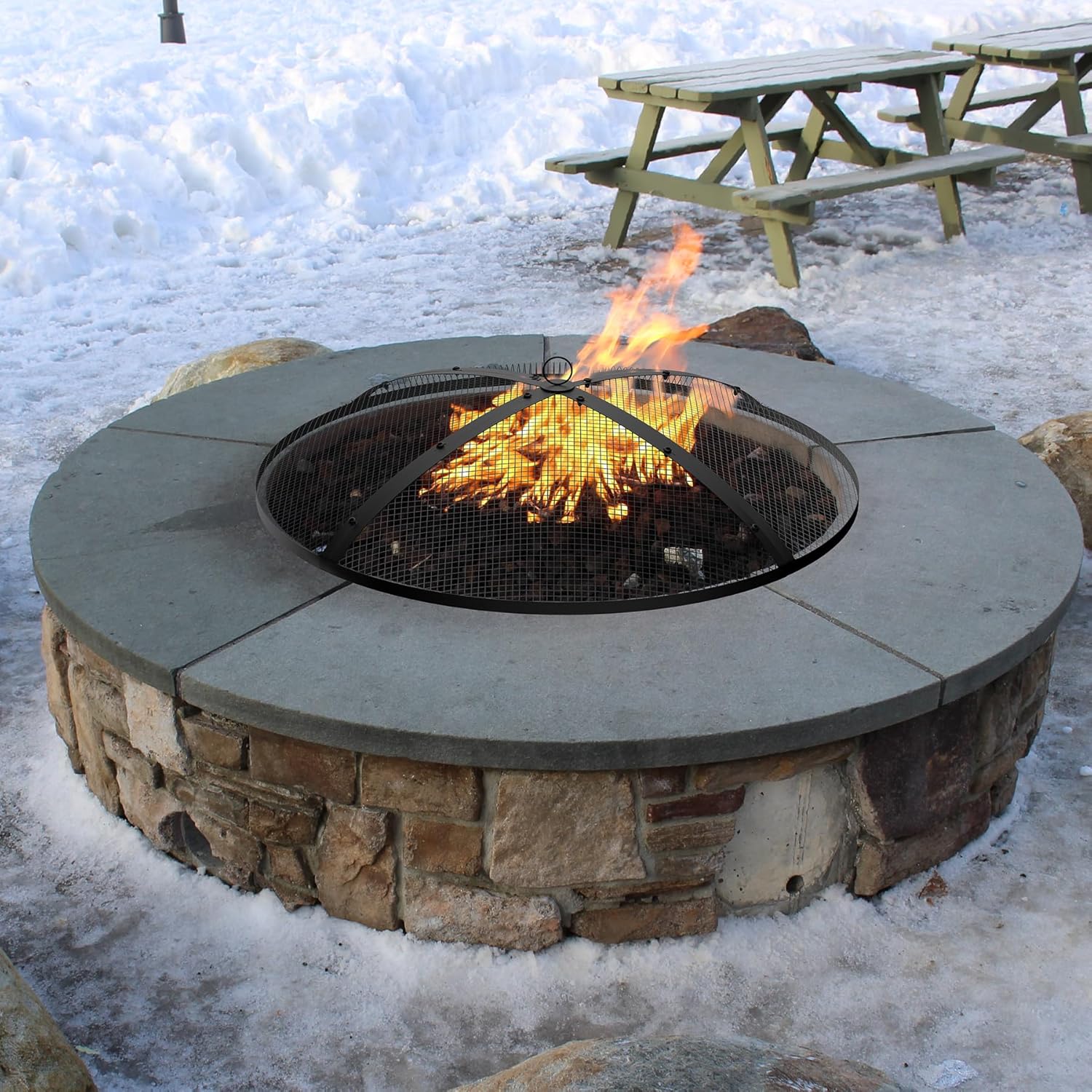 Fire Pit Spark Screen,36inch Heavy Duty Foldable Fire Pit Cover,Outdoor Round Fire Pit Mesh Screen with Top Lid, Handle&Poker, for Outdoor,Backyard,Patio,RV Camping,Beach