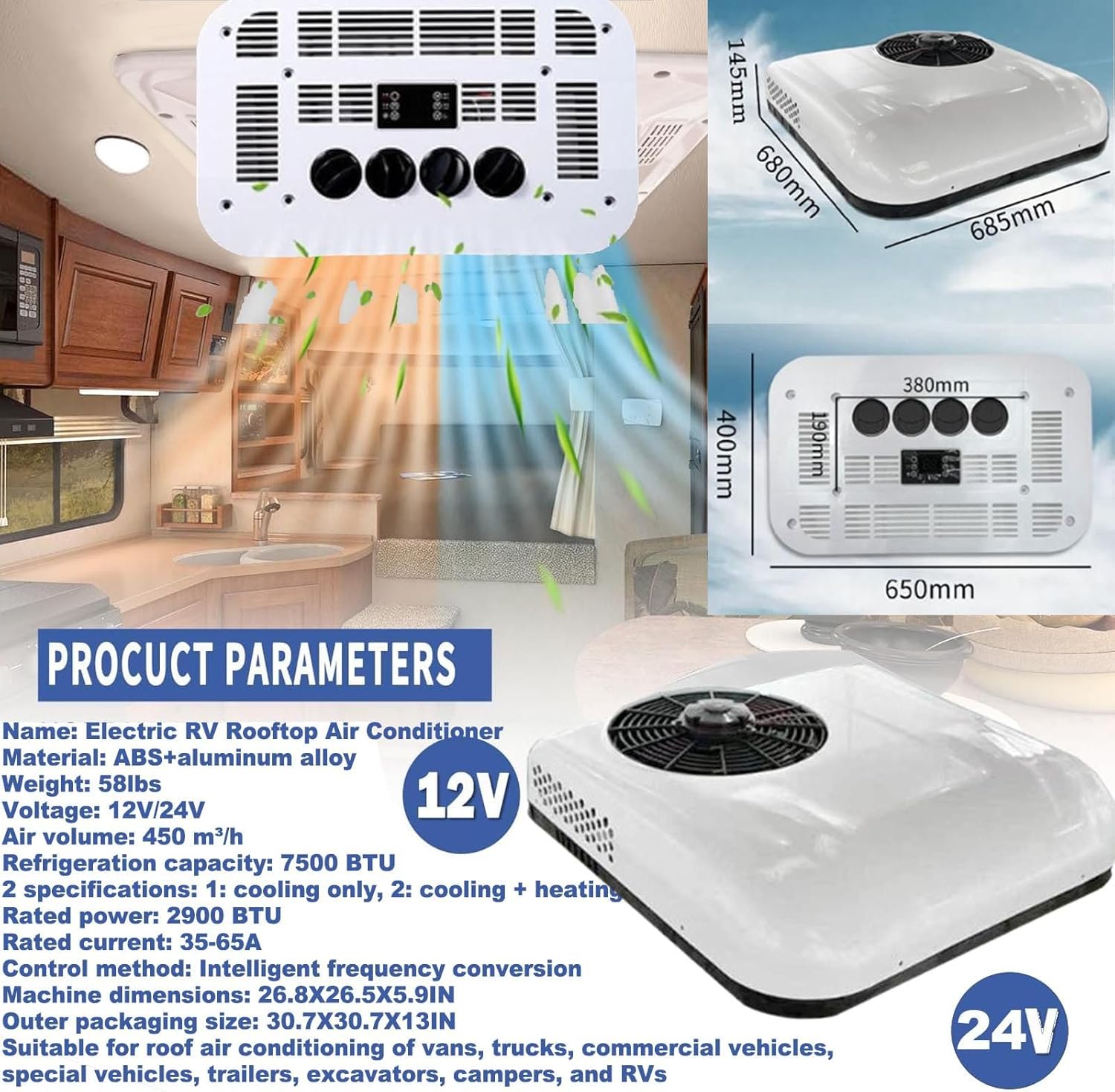 Dc 12v/24v Rv Rooftop Air Conditioner-Only Cooling/Cooling+Heating,850w Motorhome Electric Parking Air Conditioning Fit For Camper Van Truck Excavator Off-Road Vehicle Suv Bus ,WhiteCool+Heat24v