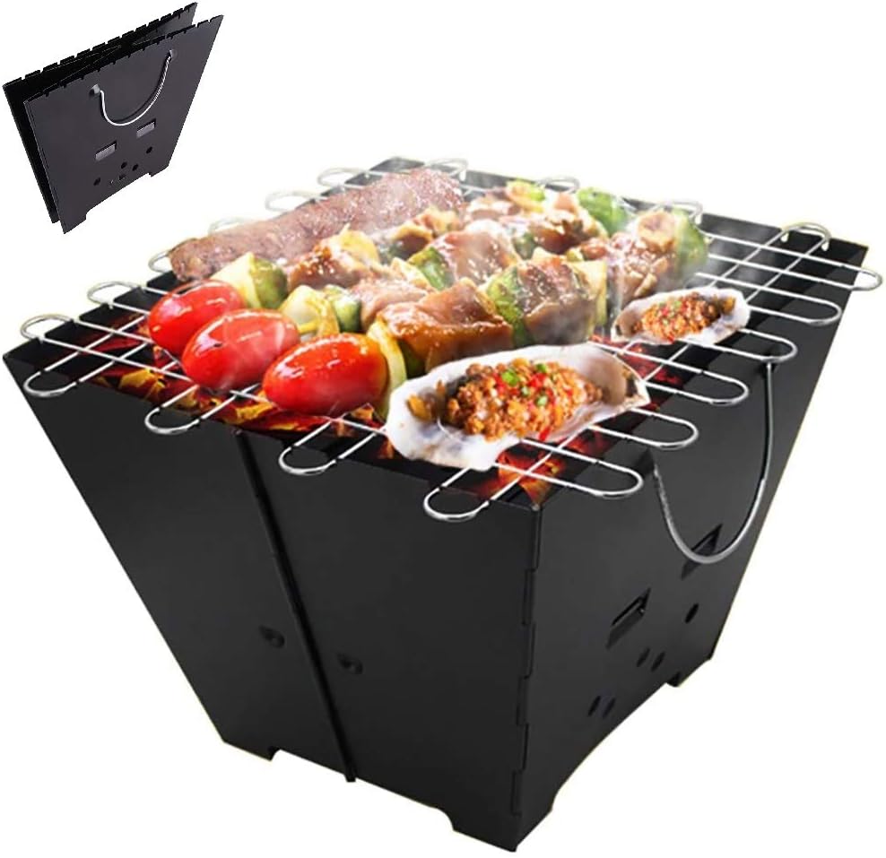 Fire Pit BBQ 2-in-1 Portable Foldable Firepit with Handles Basket Bonfire Stove Stainless Steel Removable Cooking Grate/Grill Party Gift Idea