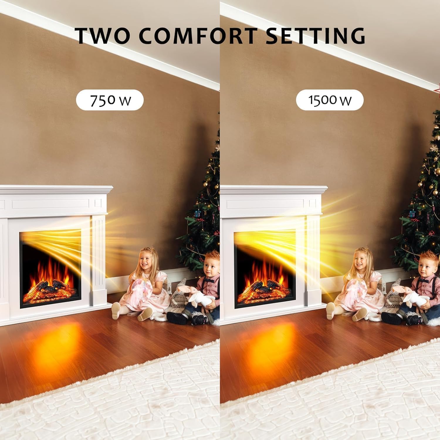 43 Inch Fireplace TV Stand with Mantel - Electric Fireplace Heater, Wooden Entertainment Center, Adjustable LED Flame, Freestanding (750W/1500W),Cream