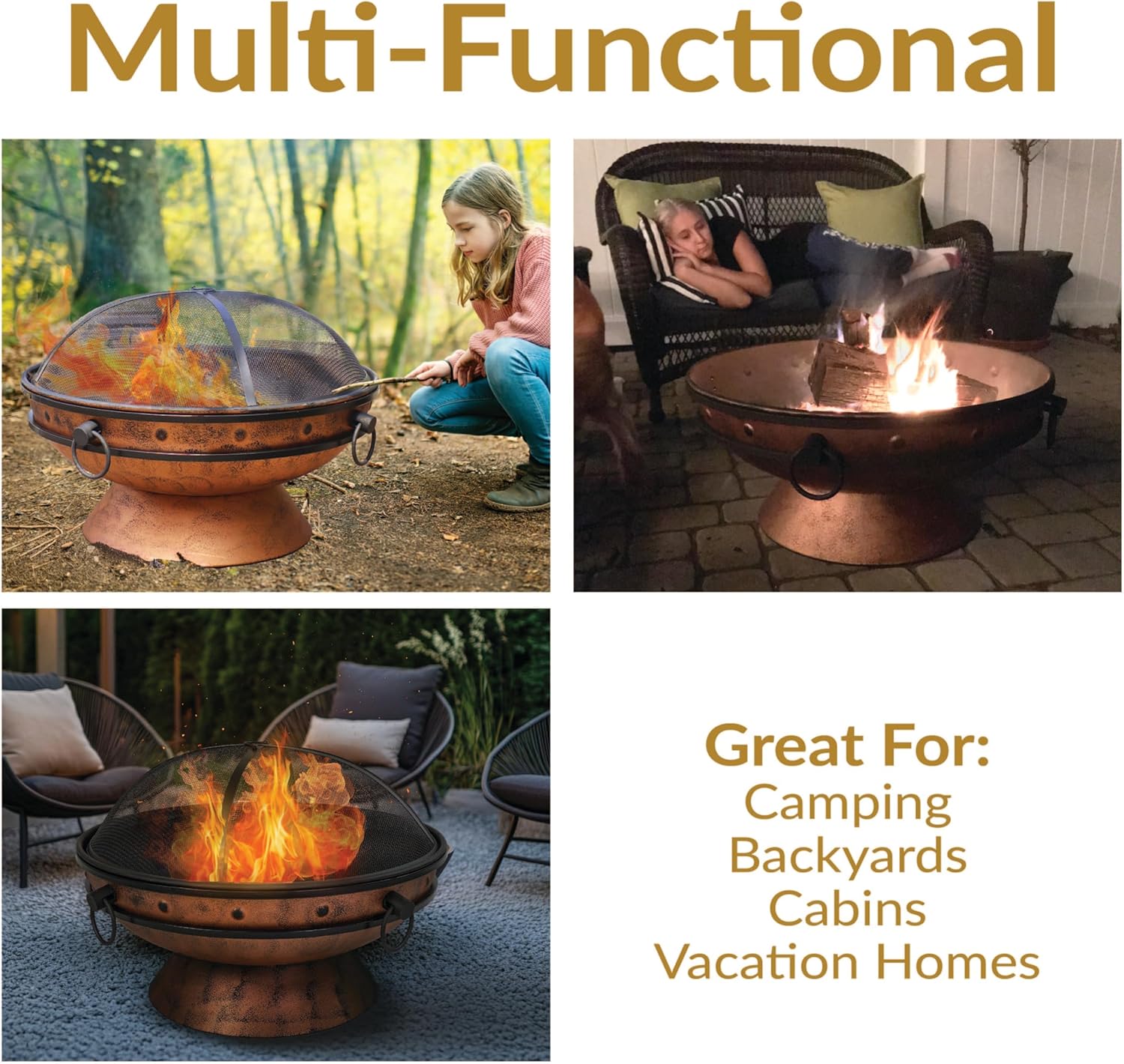 Sunnydaze 30-Inch Large Outdoor Fire Pit - Wood Burning Fire Pit for Outside with Poker and Screen - Copper Finish - Royal Cauldron