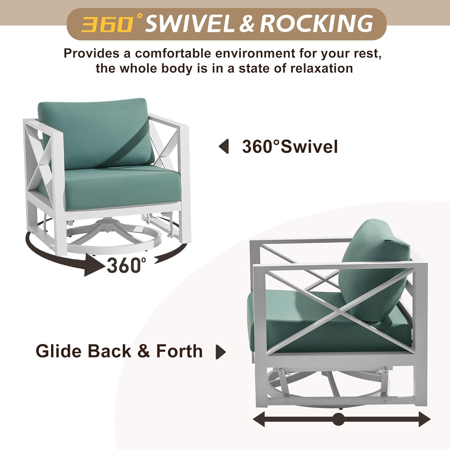 Aluminum Patio Furniture Set with Oversized Fire Pit Table, 7-Piece All-Weather Outdoor Conversation Set with Swivel Rocking Chairs, Oversized Modern Sofa for Backyard,Deck,Balcony–White