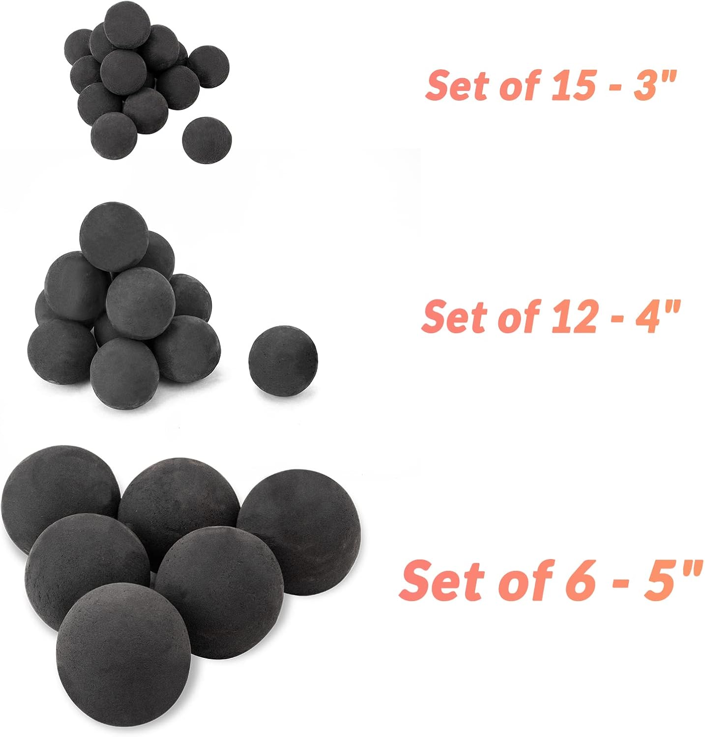 Skyflame Ceramic Fire Balls, Set of 6 Round Fire Stones Set for Indoor and Outdoor Fire Pits or Fireplaces Accessory, 5 Inch, Black