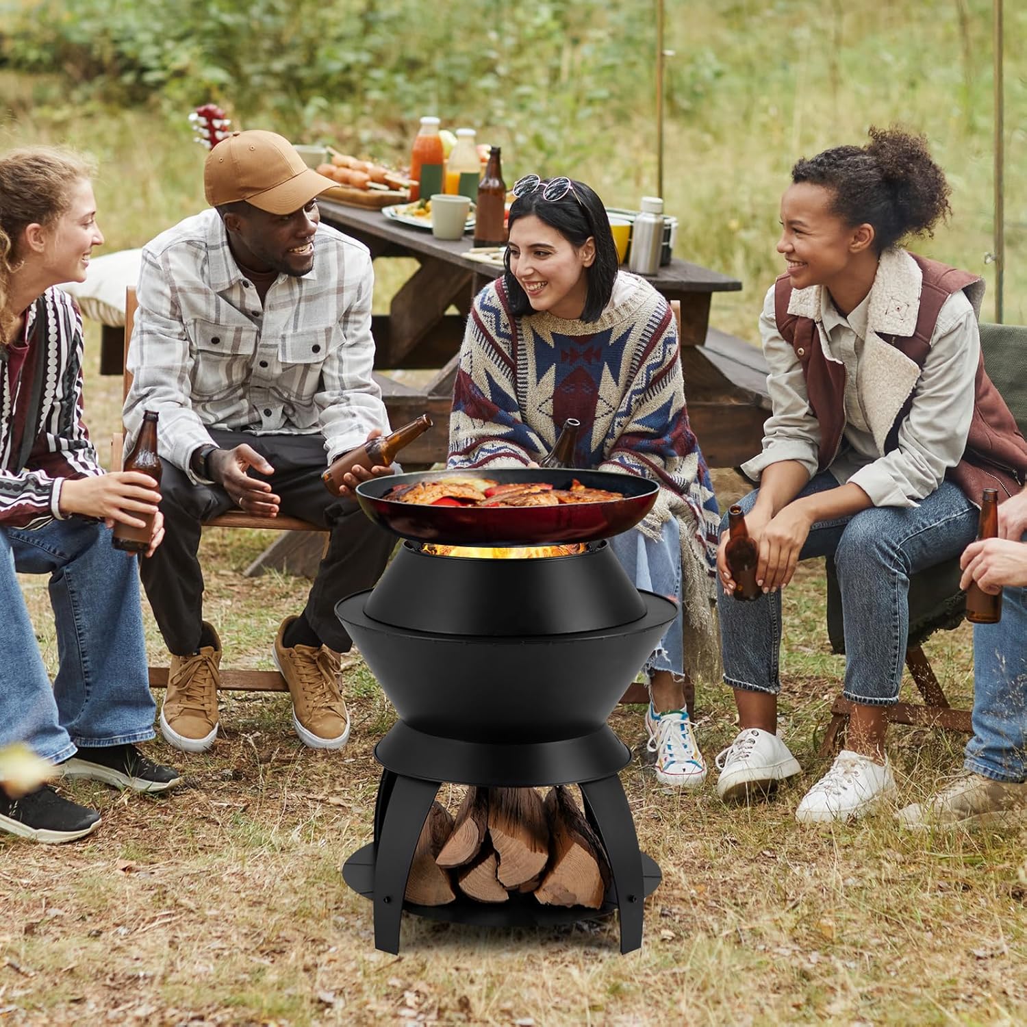 Tangkula Outdoor Fire Pit, 20 Inch Metal Fire Bowl with Pot Holder & Storage Shelf, Oxygen-Enriched Burning, 3-in-1 Wood Buring Firepit Fireplace for Patio, Camping, BBQ, Backyard