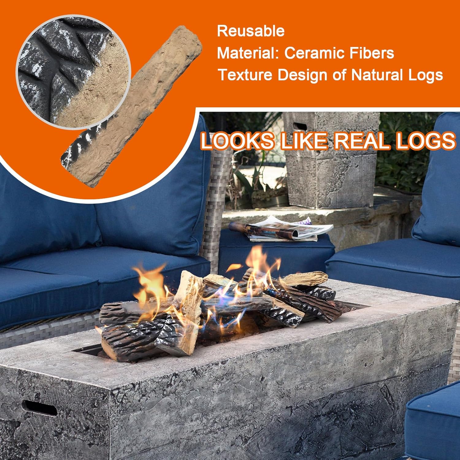 Skypatio 10-Piece Gas Fireplace Logs Set, Heat Resistant Realistic Ceramic Wood Logs for Indoor or Outdoor Fireplace, Fire Pit Decor, Lightweight & Portable