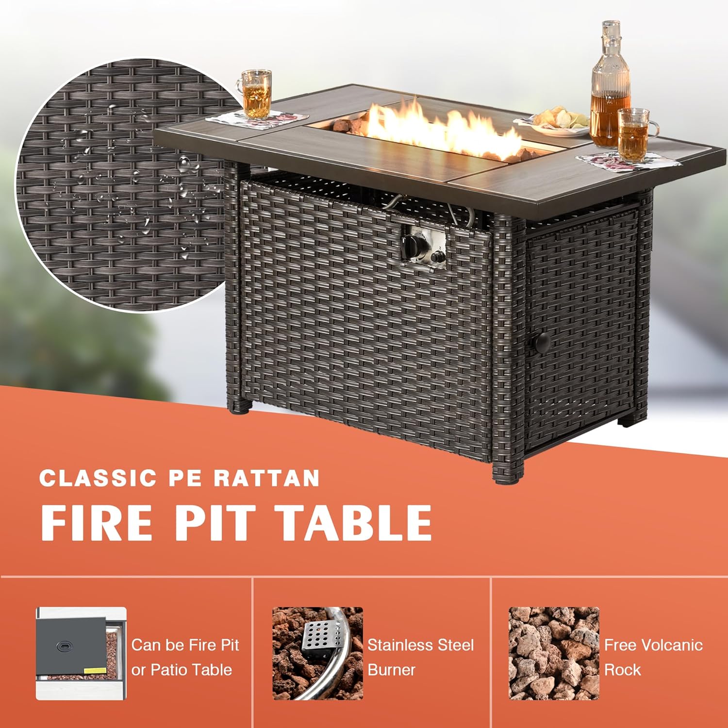 HOOOWOOO Patio Outdoor Furniture Set with Fire Pit Table,6 Piece Wicker Couch Sofa Swivel Chair Set,Weather Resistant Conversation Seating High Back Curve Arm(Orange Red)