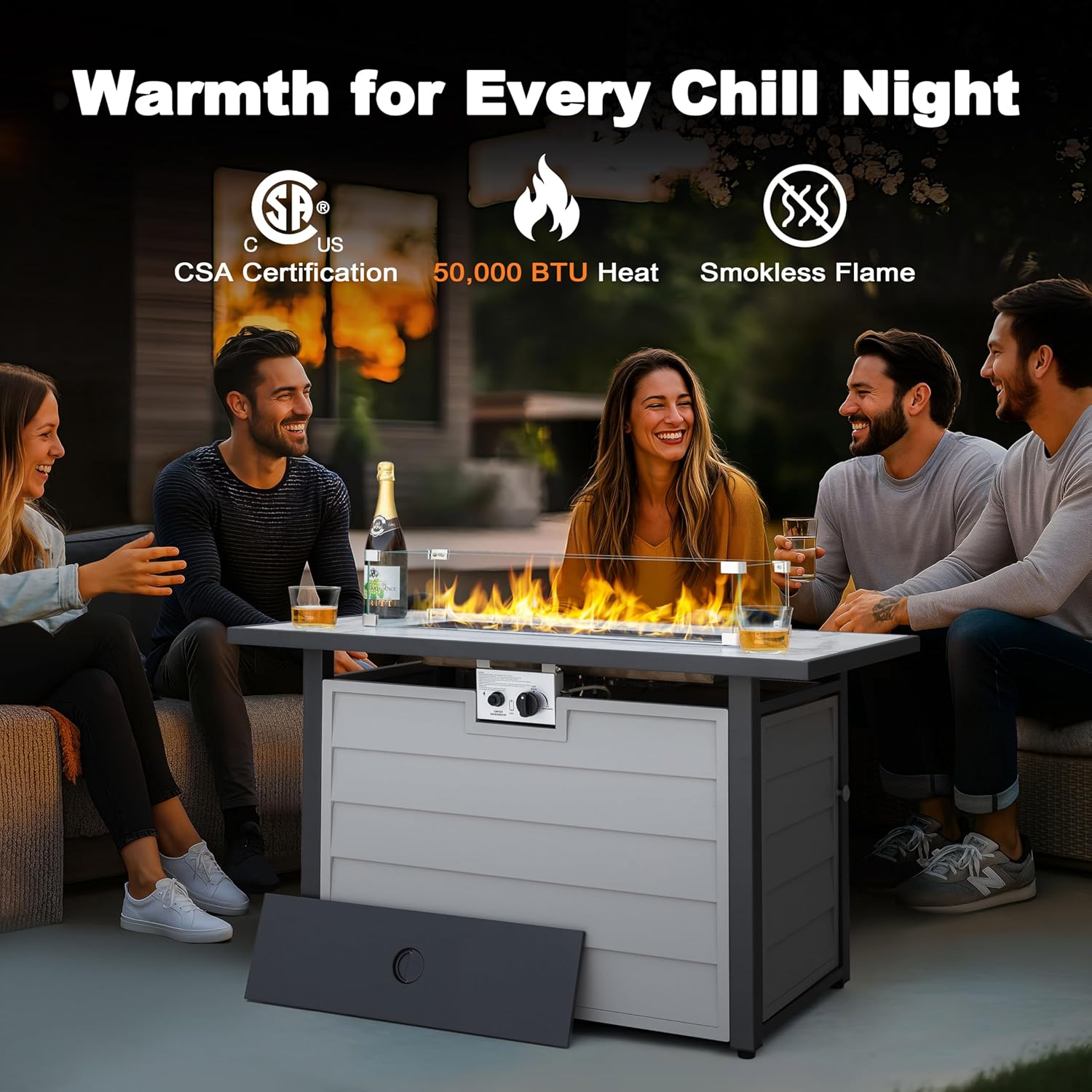 Nuu Garden 43'' Patio Propane Fire Pit Table, 50,000 BTU Gas Fire Pit with Marble-Textured Glass Top, Wind Guard, Lid, Glass Beads, CSA-Certified, 2-in-1 Outdoor Table for Gatherings, Ivory White