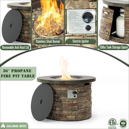 36'' Propane Gas Fire Pit Table, 50000 BTU Round Concrete Fire Pit for Outside Patio Deck Garden Backyard - Sandston