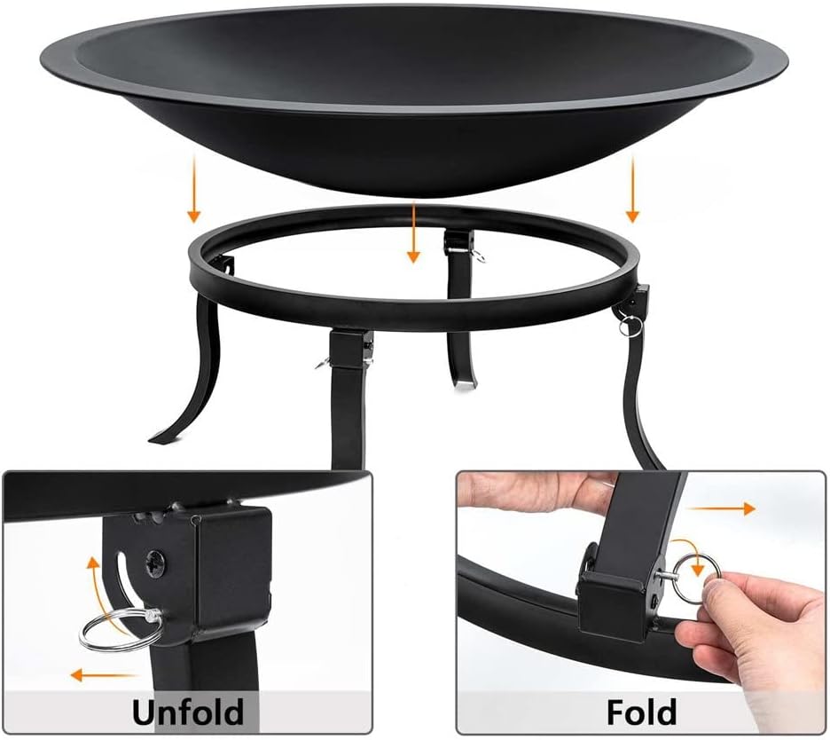 24inch Portable Fire Pits with 4 Foldable Legs Wood Burning Firepit Steel BBQ Grill Fire Bowl for Outdoor Camping Supply