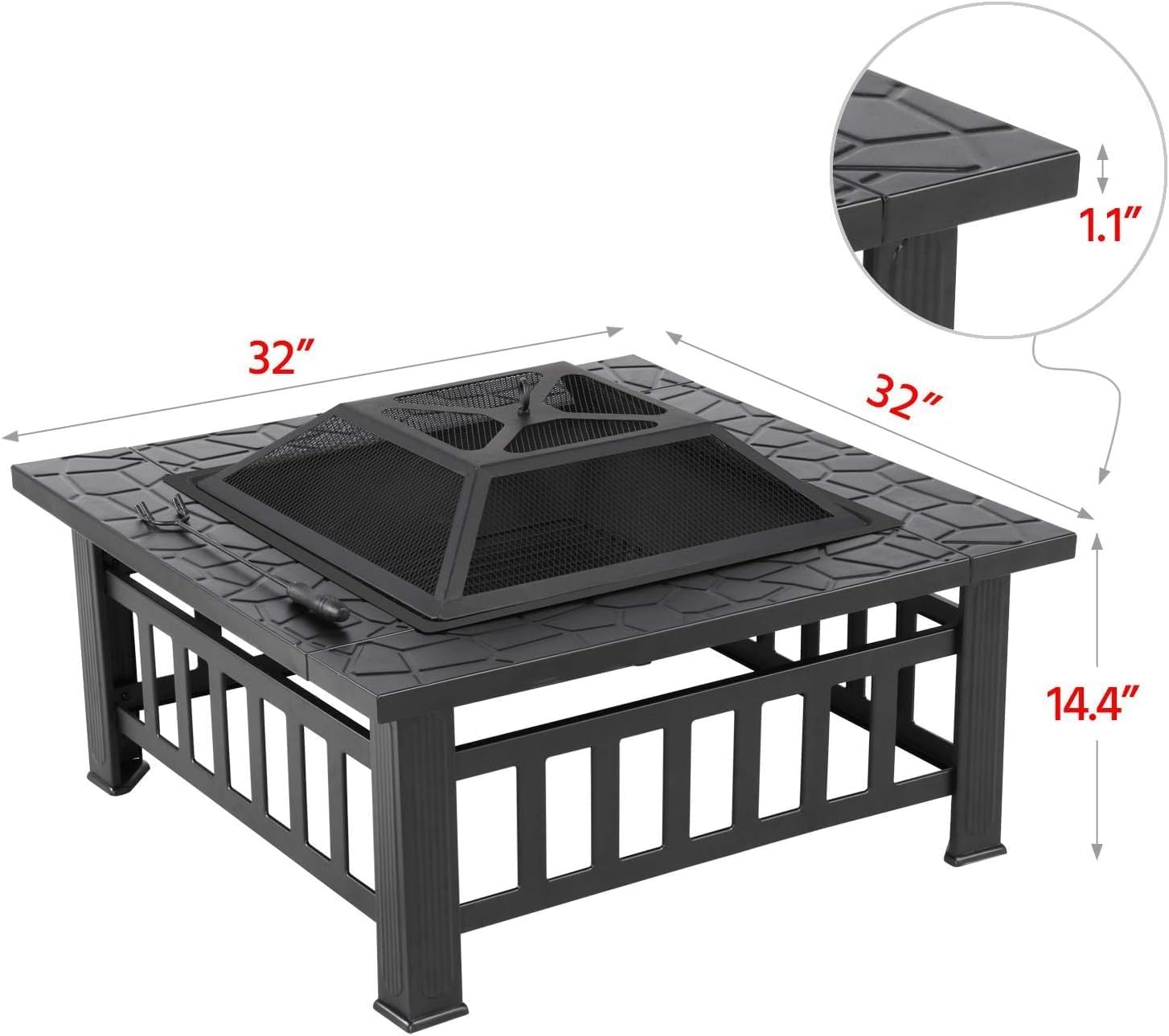 Multifunctional Fire Pit Table 32in Square Metal Firepit Stove Backyard Patio Garden Fireplace for Camping, Outdoor Heating, Bonfire and Picnic (Black)