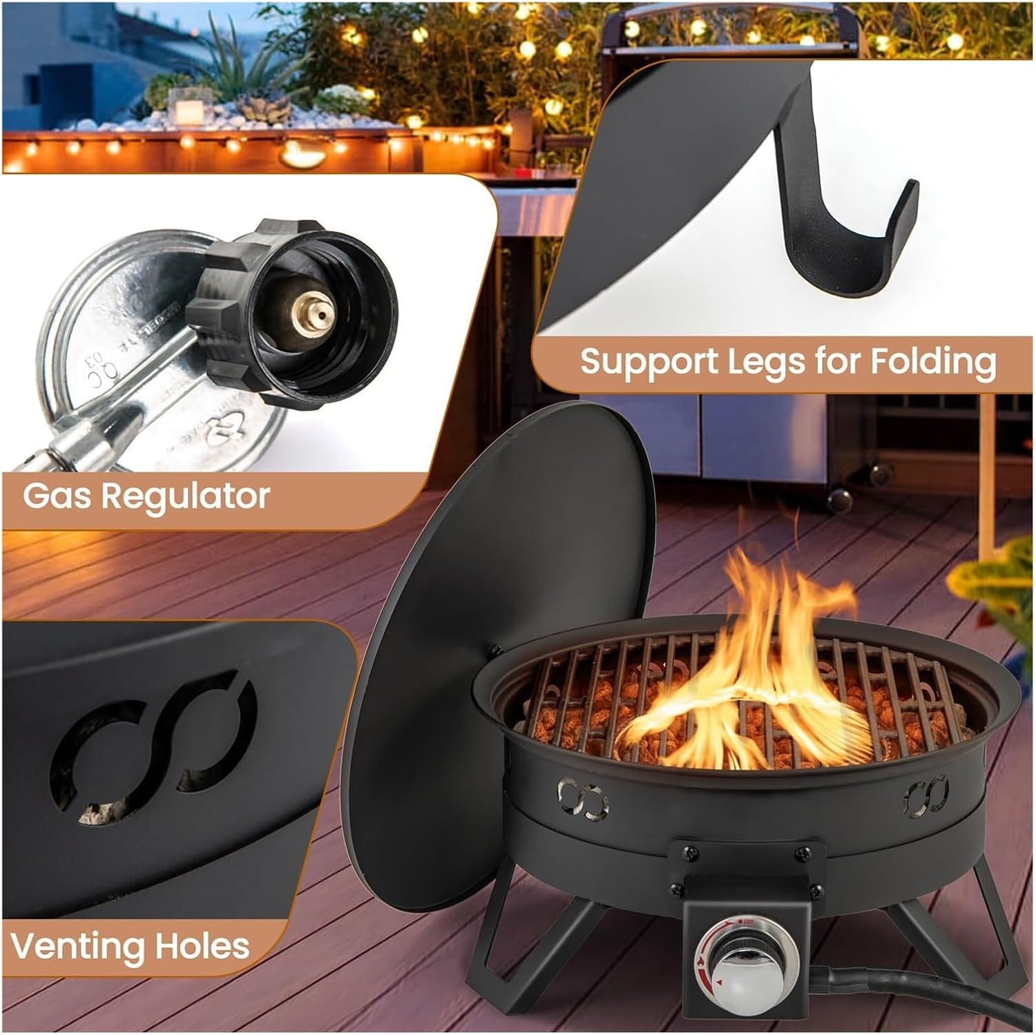 17 Inch Portable Propane Fire Pit for Camping or Backyard with Folding Legs Removable Grill Carrying Bag Lava Rocks Tank Seat Included Outdoor Tabletop Gas Fire Bowl for Patio Deck Travel BBQ