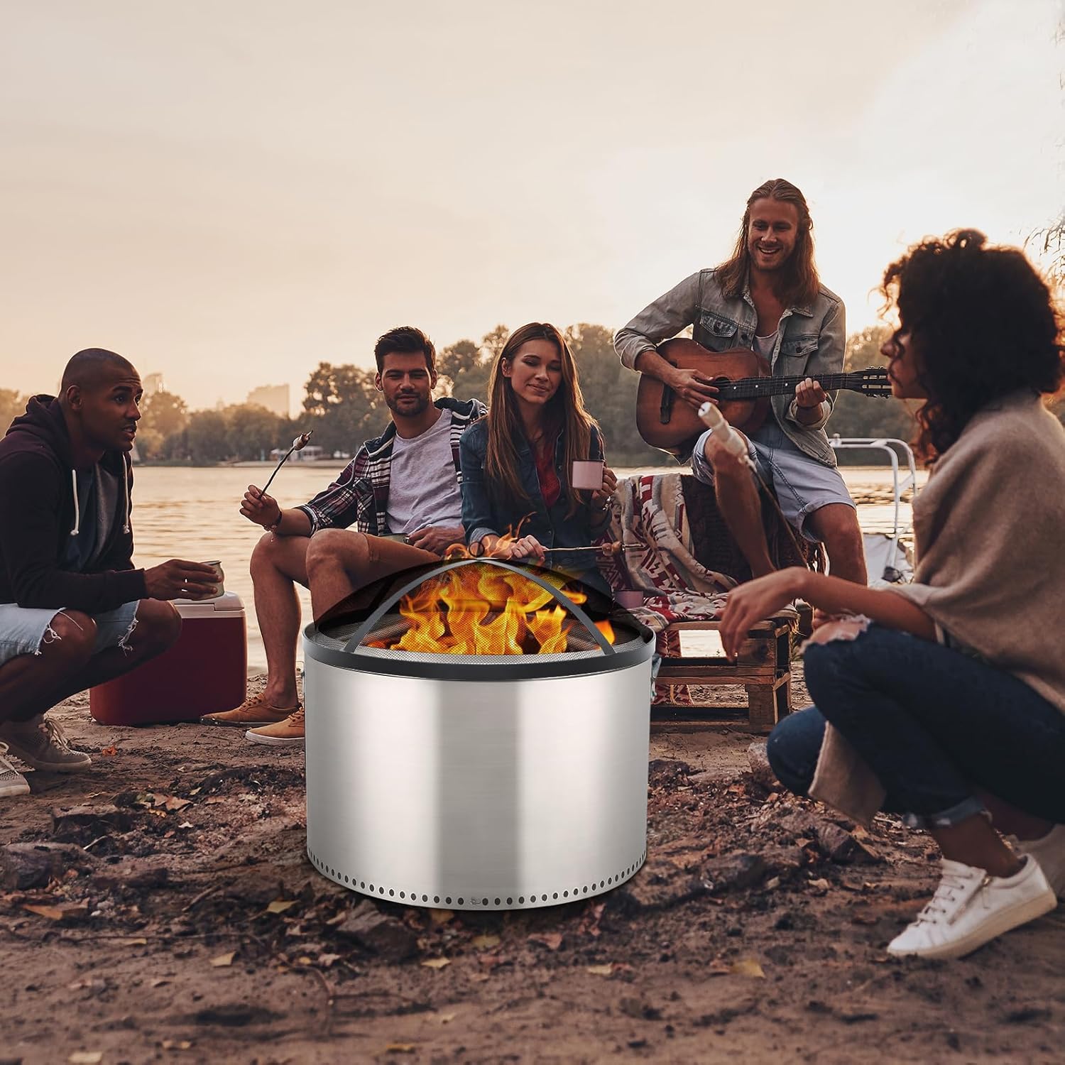 Fire Pit Spark Screen - Compatible with Bonfire Size Fire Pit, Easily Lifts, Stainless Steel, Mesh Protector, Guide Rod Included, Outdoor Accessory, 36x36x7 Inches