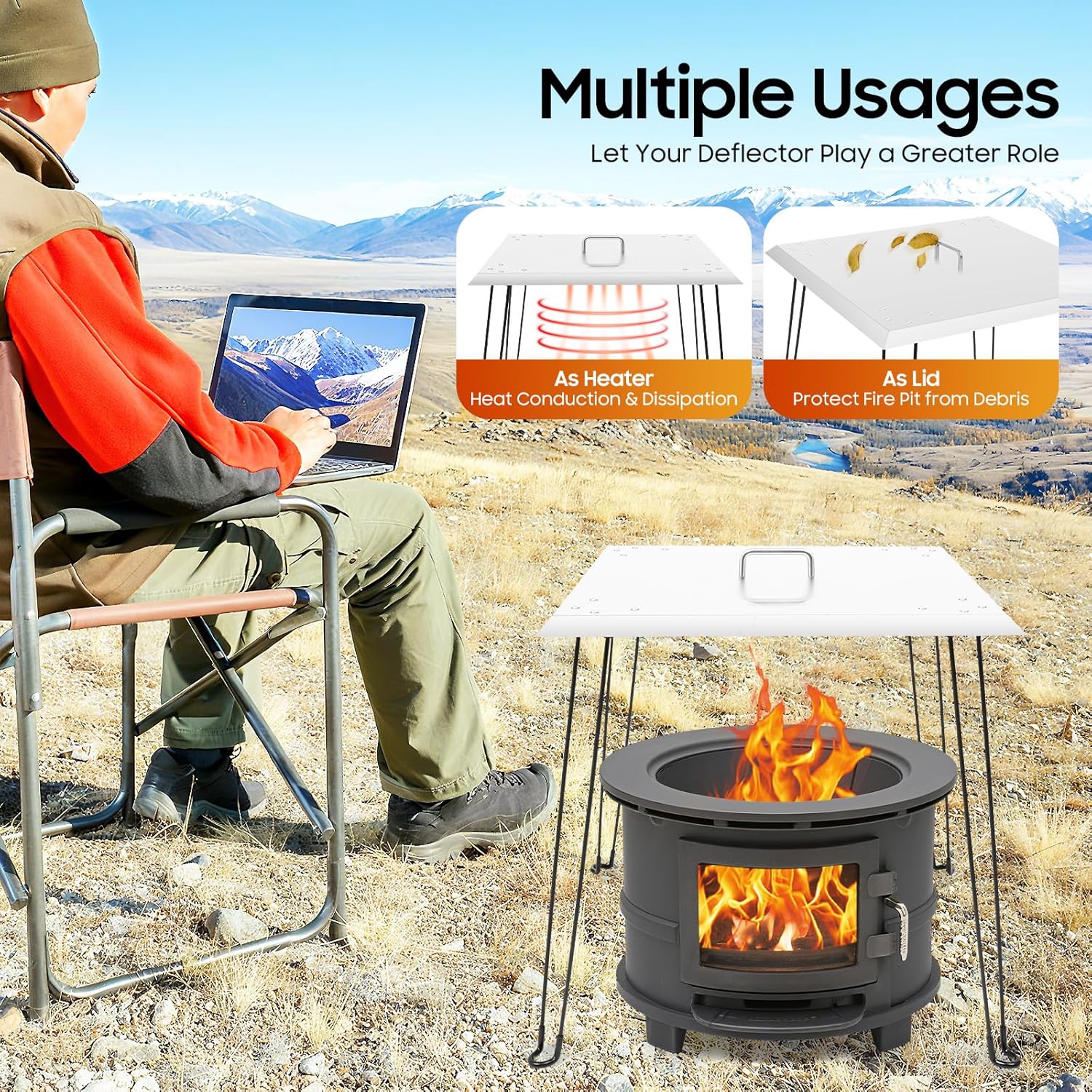 Fire Pit Heat Deflector, Stainless Steel Fire Pit Cover, Fire Pit Burner Cover to Push Heat Down and Out, Fire Pit Lid with Foldable Legs and Carrying Handle (24 x 24 x 13 Inch)