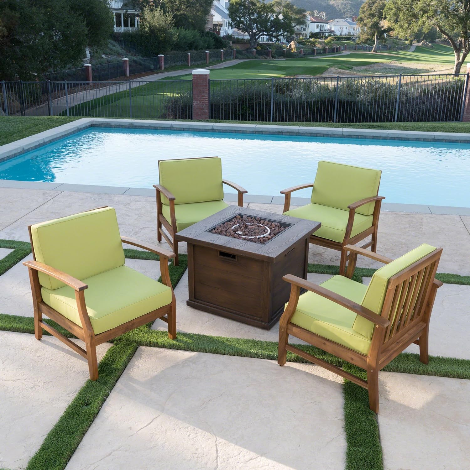 GDFStudio Noble House Havana 5 Piece Outdoor Acacia Wood Chair and Firepit Set in Green