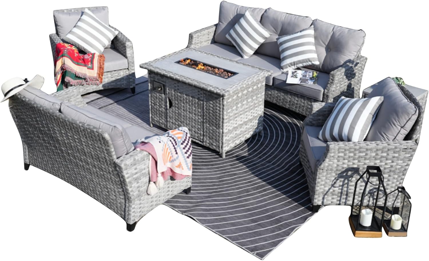 Direct Wicker Aluminum 7-Person Gray Seating Group with Fire Pit and Cushions
