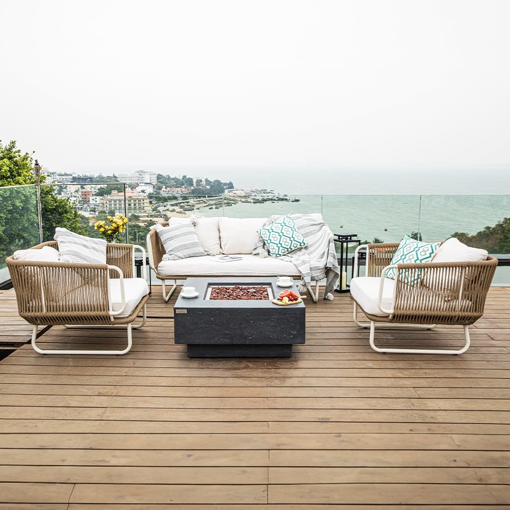 Elementi Manhattan Dark Grey 36” Propane Fire Pit Table Outdoor Fire Table with Glass Windscreen, Stainless Steel Cover, Tank Cover, Canvas, Floor Mat, Hammock, Beverage Tub