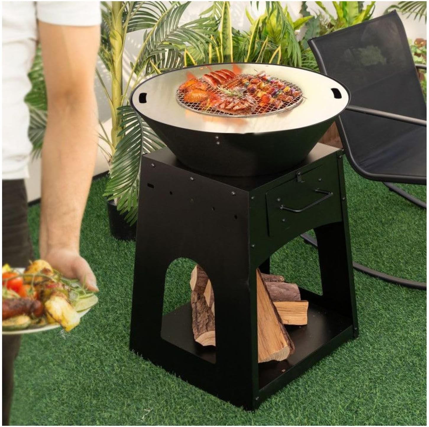 Outdoor Fire Pit with Grill and Log Rack, 24