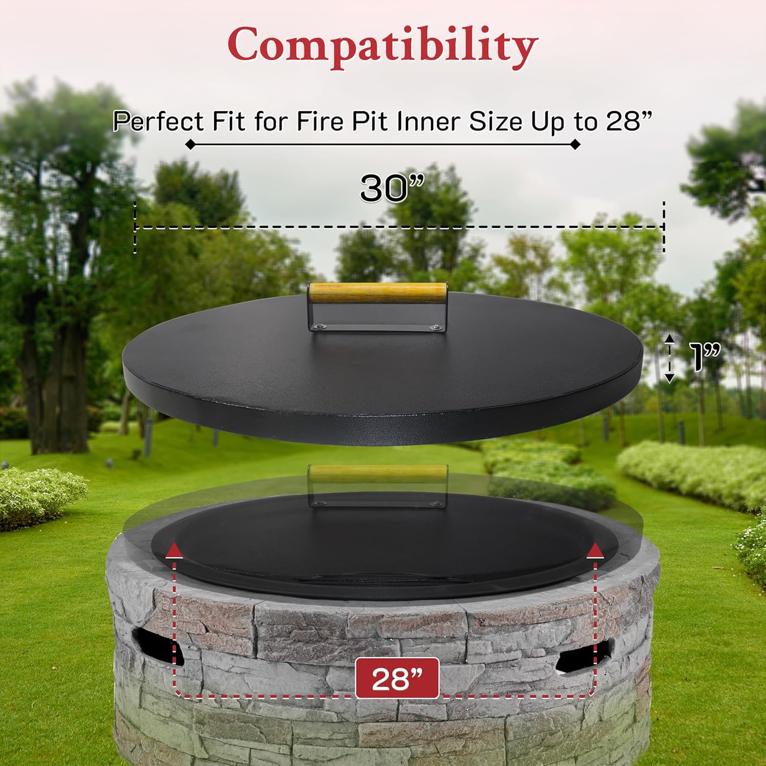 Round Fire Pit Cover, 30” inch Diameter, Grill Fire Ring Lid with Handle - 2 mm Thickness