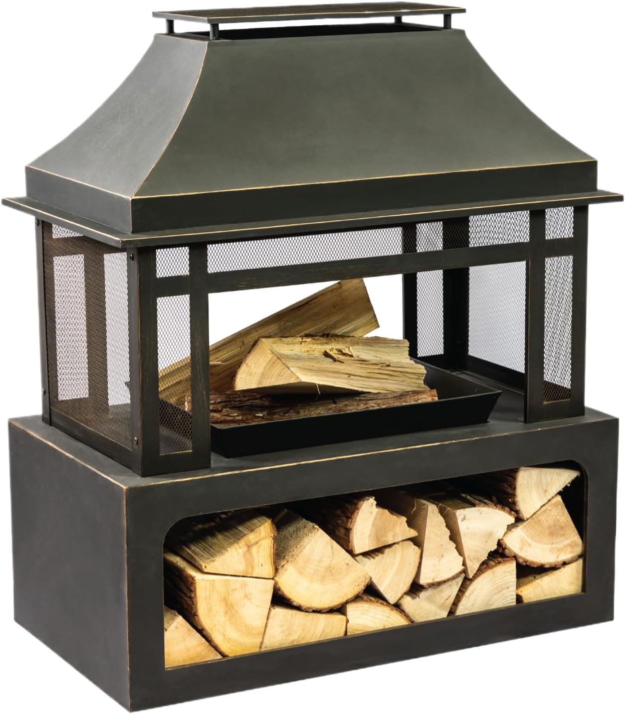 Outdoor Wood Burning Fireplace with Wood Storage and Removable Fire Grill - 40 Inch Large Metal Wicker Base Fire Pit for Patio Garden Deck Backyard, Black