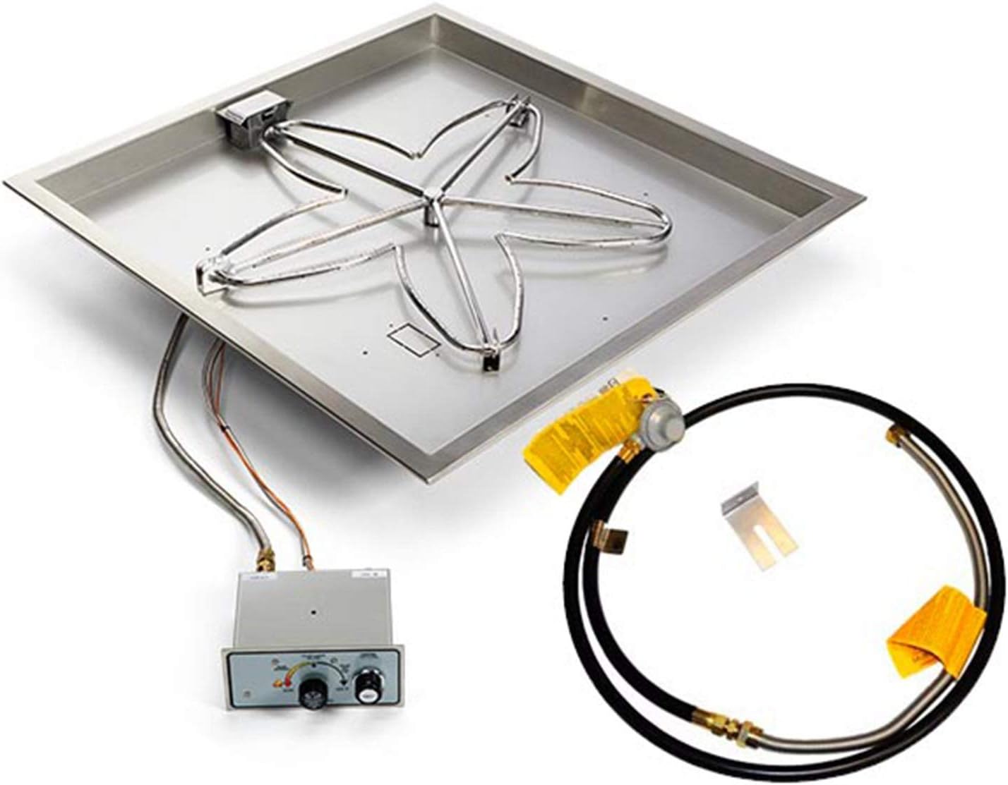 HPC Fire UL Listed Push Button Flame Sensing Gas Fire Pit Kit for Small Tanks, 18x18-Inch Bowl Pan (FPPK18-SQBL-FLEX-LP-ST), Propane