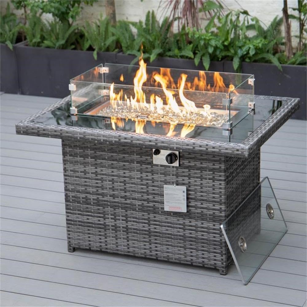 LeisureMod 44-Inch Propane Fire Pit Table, 50,000 BTU Auto-Ignition Gas Fire Pit with Lid, Tempered Glass Wind Guard & Decorative Stones, Grey