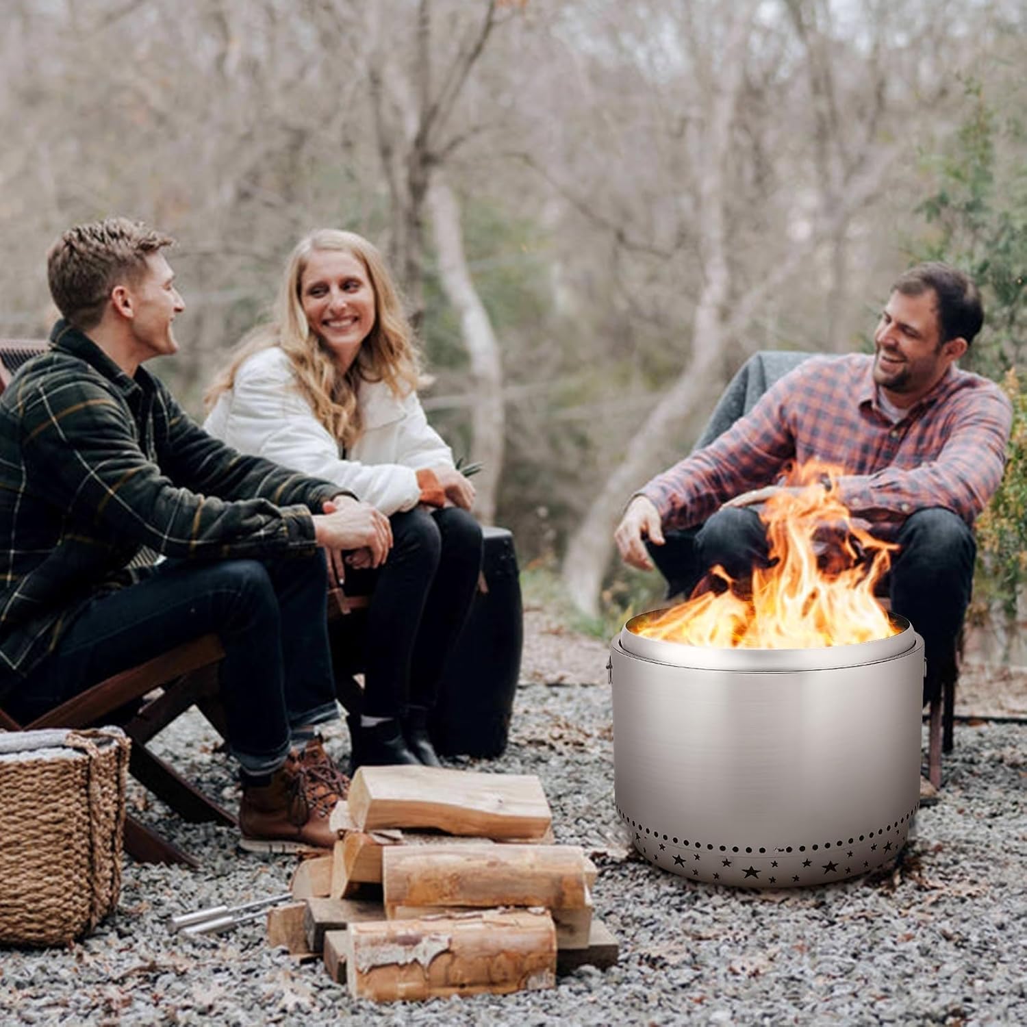 27 Inch Smokeless Fire Pit, Stainless Steel Wood Burning Fire Pits with Removable Stand and Ash Pan, Portable Bonfire Pit with Handle, Outdoor Fire Pit for Camping, Picnic and Family Gathering