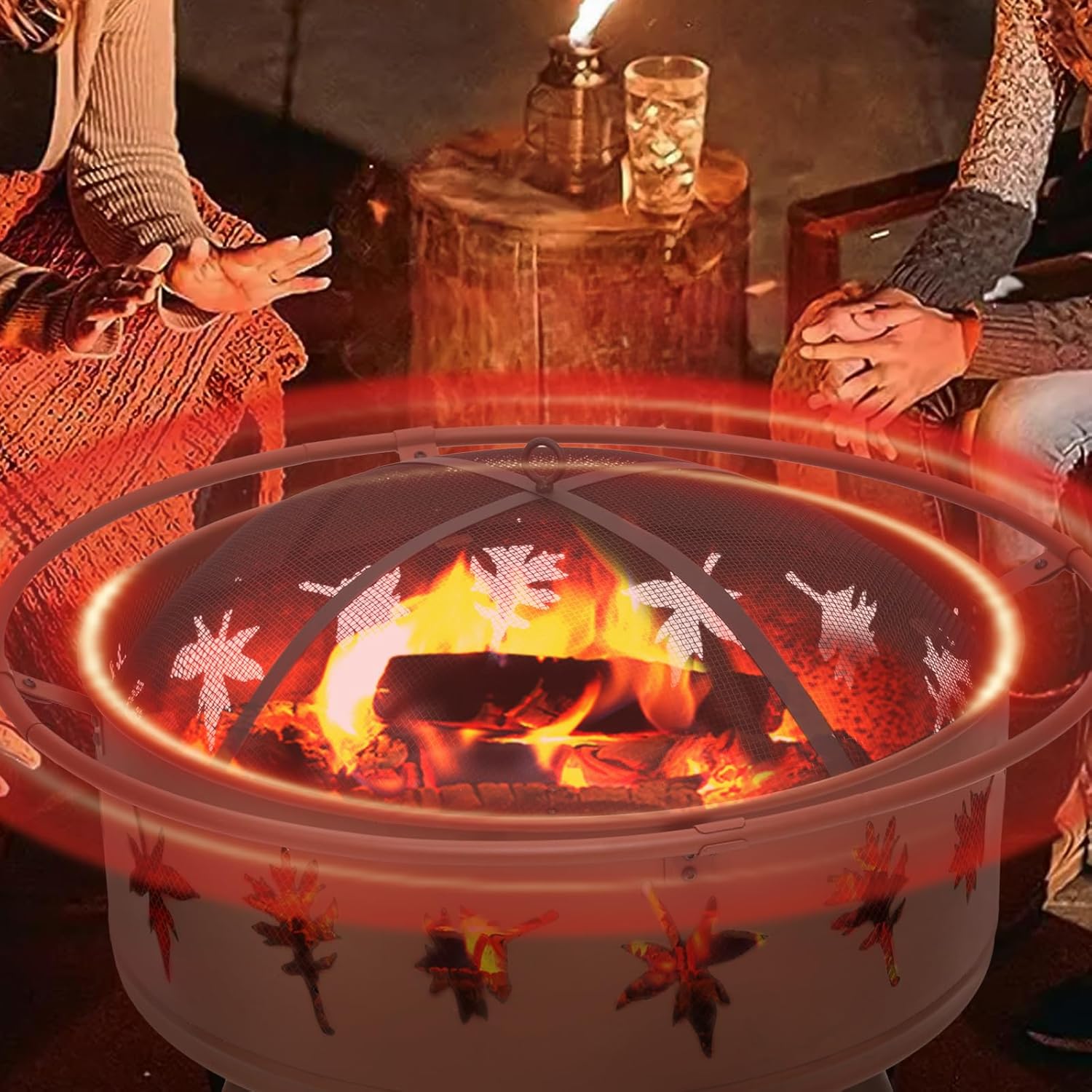 Athena Collection 32 in Fire Pit for Outside Large Wood Burning Firepit Leaf Pattern Iron Firepit Bowl Stove Round Outdoor Fireplace for Camping Heating BBQ Bonfire with Spark Screen Log Grate Poker