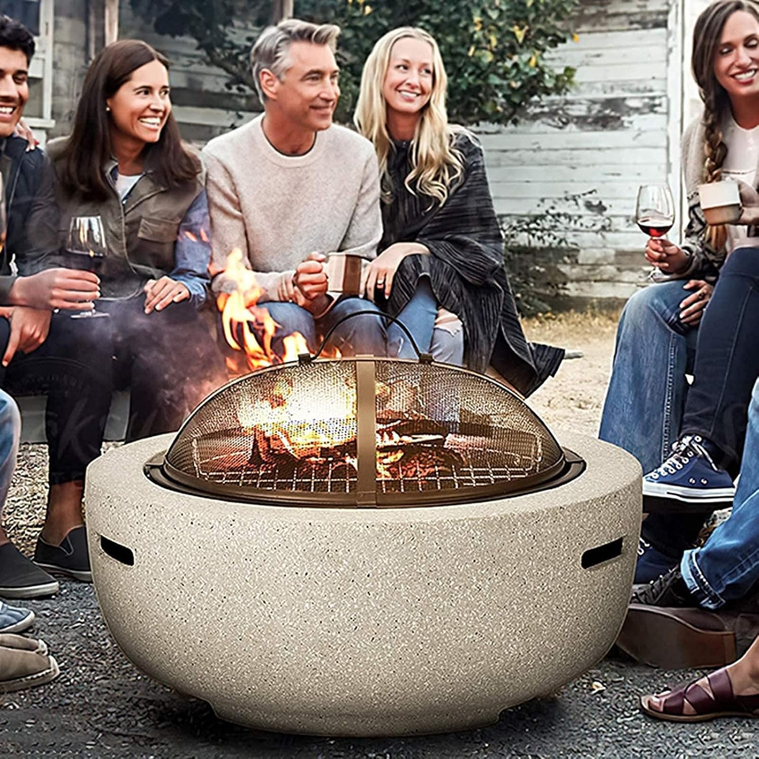 Fire Pit Outdoor Barbecue Grill,Fire Pit with BBQ Grill Shelf, Garden Patio Heater Charcoal Log Wood Burner Fire Bowl with an Edging of Artificial