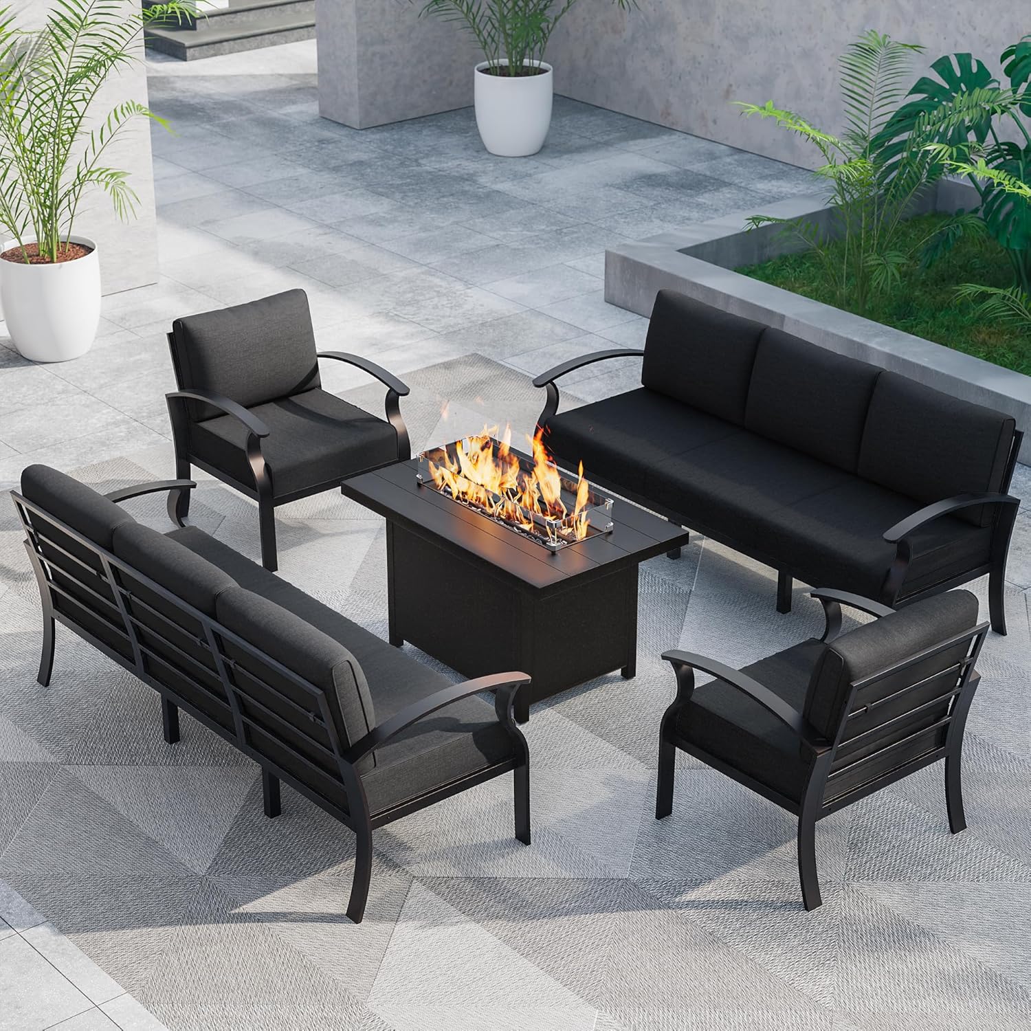 ALAULM Aluminum Patio Furniture Set with Propane Fire Pit Table 8-seat Metal Outdoor Furniture w/Fire Pit Patio Conversation Set w/5.1