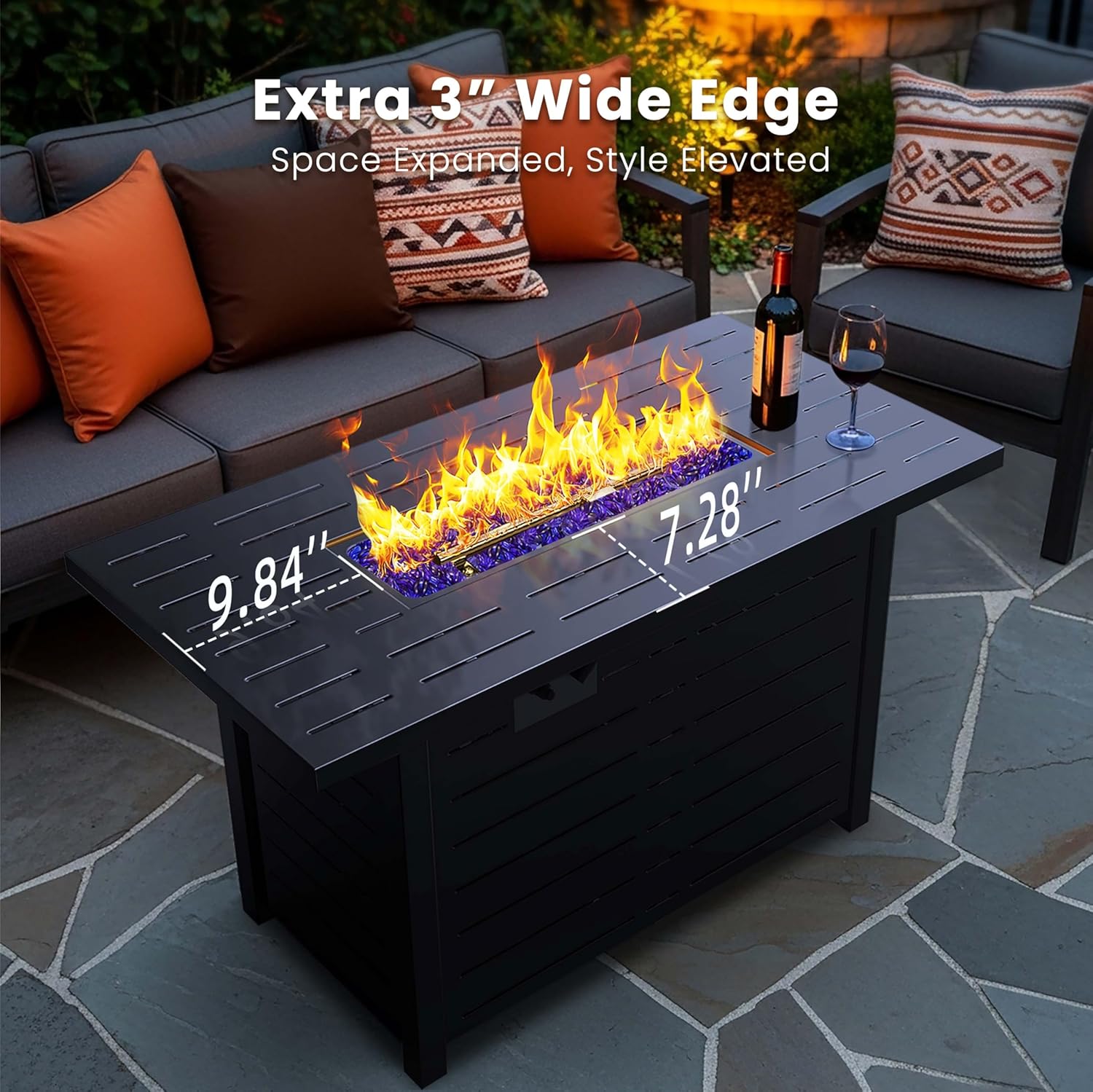 R.W.Flame 43-Inch Propane Fire Pit Table, 50,000 BTU Outdoor Gas Firepit with Waterproof Cover, Glass Stones, Removable Lid, Cup Holders, 2-in-1 Fire Table for Patio, Backyard, Garden, Black
