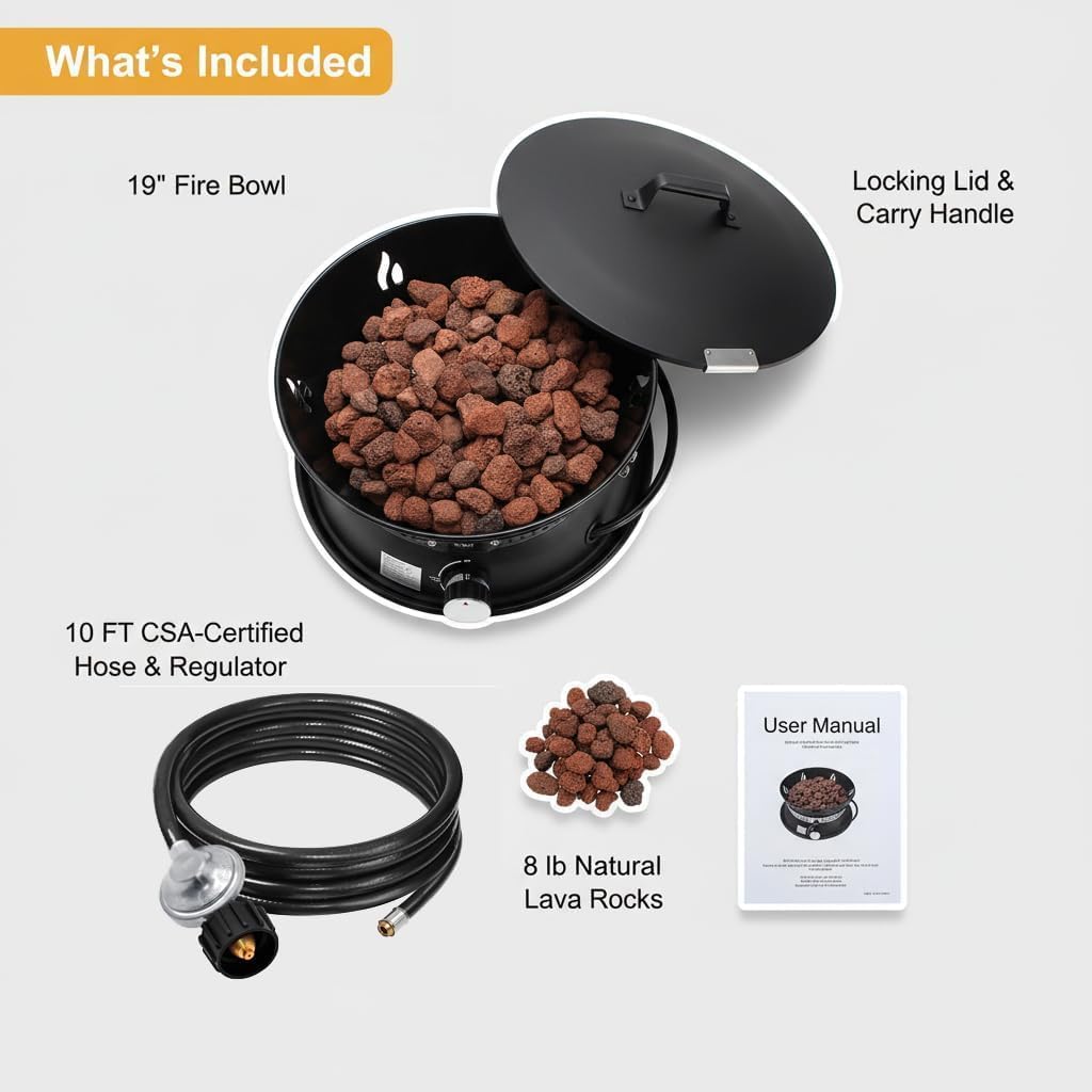 Portable Propane Fire Pits, 19 Inch 58,000 BTU Gas Fire Pit with Cover & Handle,Smokeless Propane Firepit for Outdoor Camping, Camping,Patio, Backyard, Garden