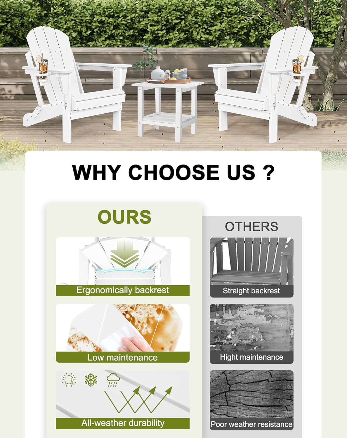 Folding Adirondack Chairs Set 2- Plastic Adirondack Chairs with Cup Holder, Weather Resistant for Outdoor, Patio, Lawn, Garden, Backyard Deck, Fire Pit - White