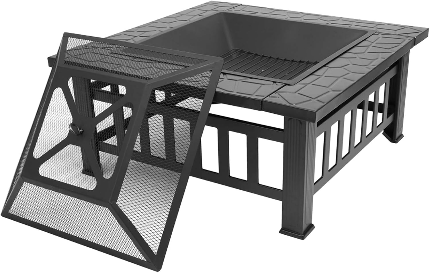 (32 x 32 x 14) Inch Fire Pit Wood Burning Square Table, Yard Outdoor Bonfire Fire Tables Steel Fire Pit Bowl with Spark Screen Cover, for Patio Bonfire Camping Backyard