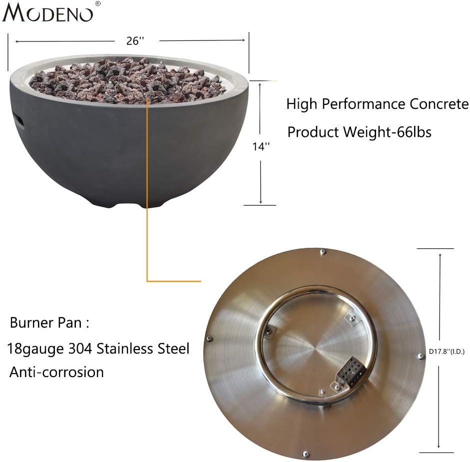 MODENO Outdoor Fire Pit Propane Garden Fire Bowl, 40,000 BTU CSA Certified Firepit，Auto-Ignition System Fireplace, Lava Rock&PVC Cover Included (26 x 26 x 14'', Grey)