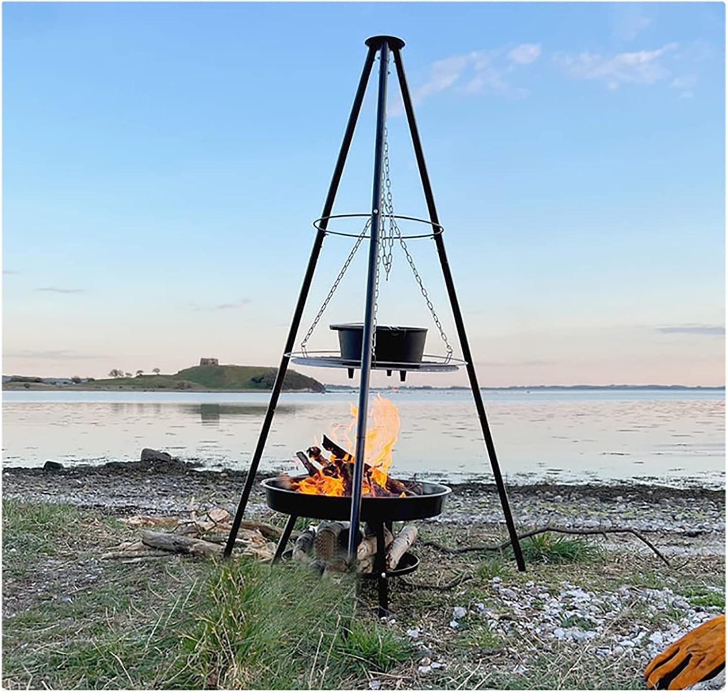 FUSIVE Camping Tripod Grills with Adjustable Hang Chain Portable Outdoor Fire Pit Assembled Cooking Stove for Outdoor Picnic