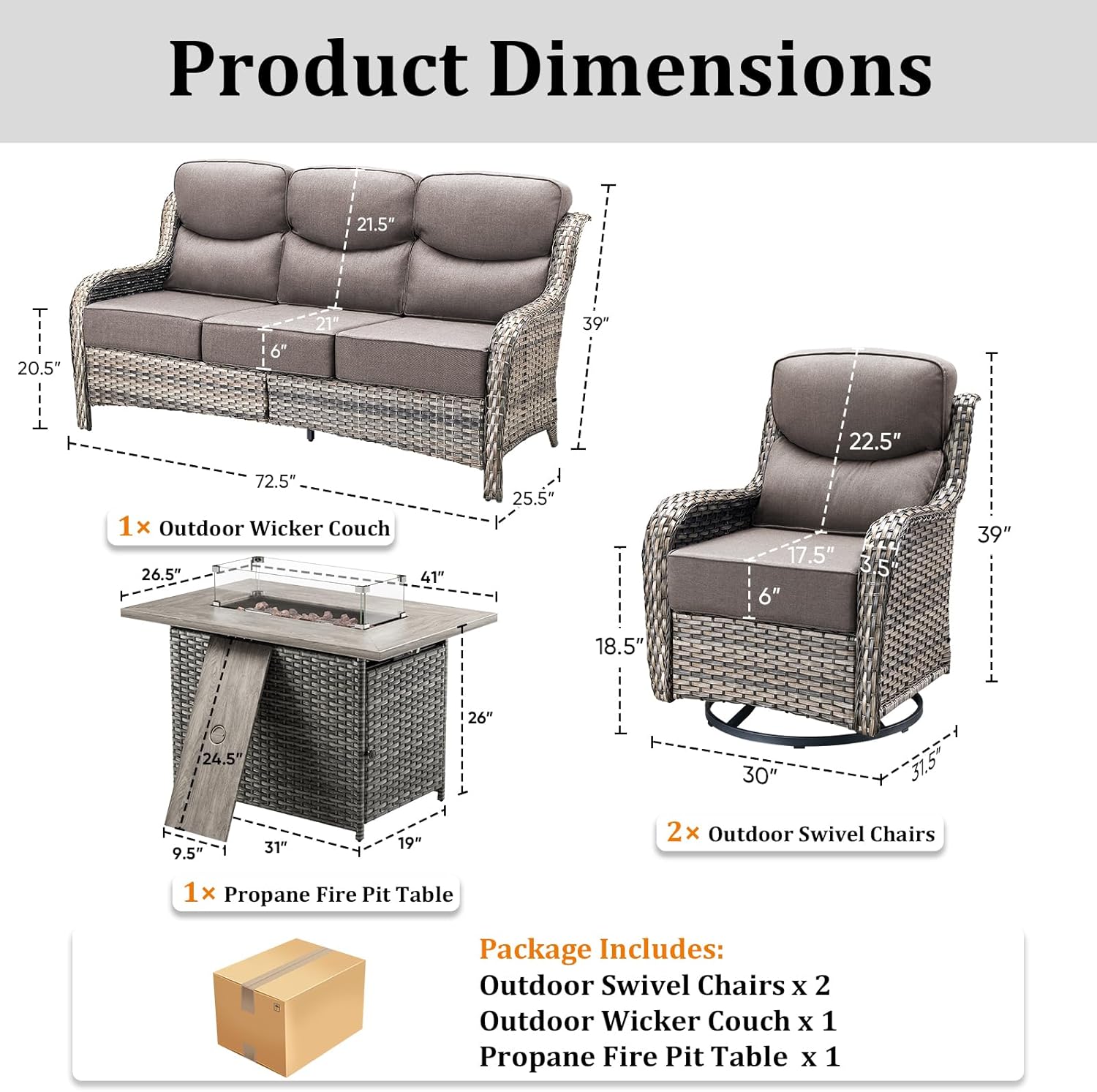 Luxury High Back Patio Furniture Set with Fire Pit Table & 6-Inch Thick Cushions, 4-Pieces Outdoor Furniture with Swivel Chairs, Wicker Conversation Set for Porch, Balcony, Deck and Yard, Grey