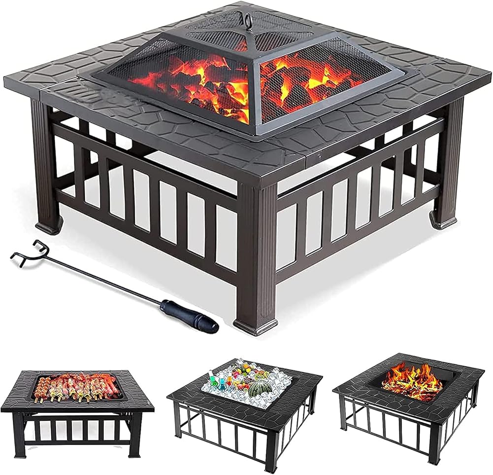 3 in 1 Fire Pit with Rain Cover, Outdoor Metal Brazier Square Table Fire Pit Heater BBQ, Garden Patio Bonfire
