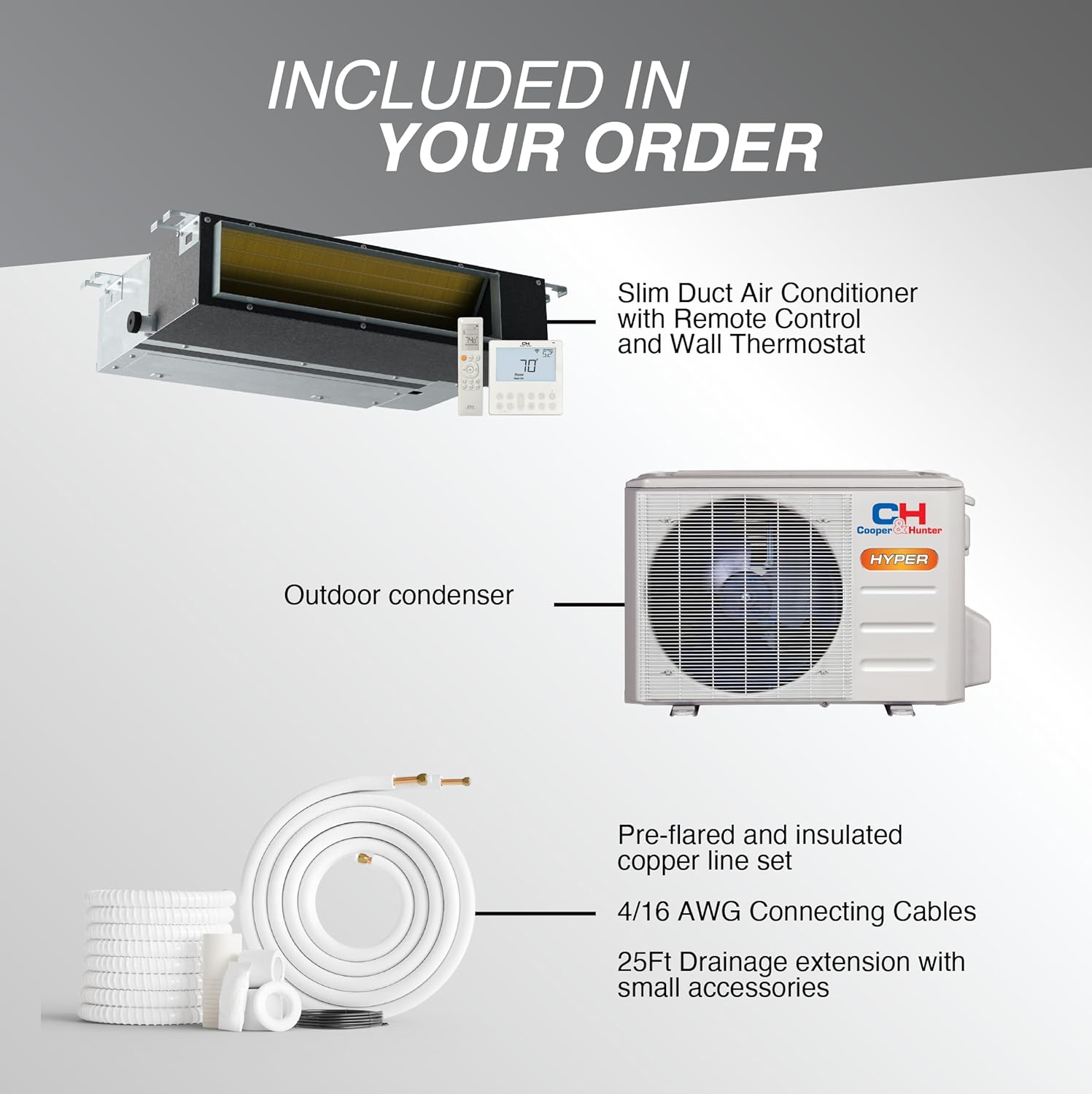 Cooper & Hunter 12,000 BTU 230V Hyper Heat Concealed Slim Ducted Mini Split AC/Heater – 20 SEER2 Inverter System – Heats Down to -22F – Includes 25FT Installation Kit - Cooling & Heating