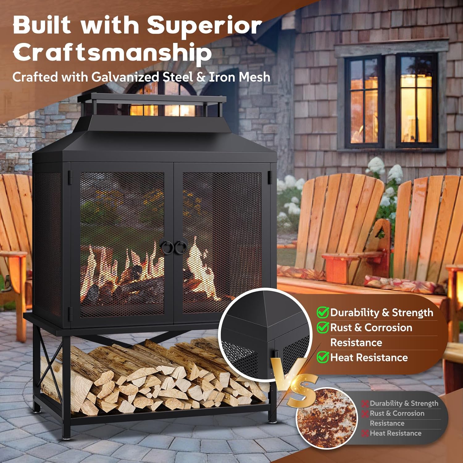 Outdoor Chiminea Fire Pit with Grill and Wood Storage, Large Wood Burning Fireplace for Outside with Chimney, Mesh Spark Screen Door & Fire Poker, Ideal for Patio, Backyard, Garden, and Camping