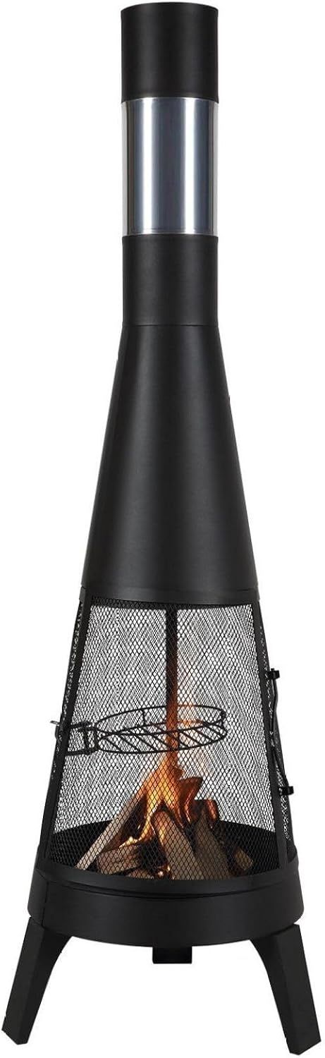 20 Inch Chiminea Wood Burning Firepit, Outdoor Conical Fireplace with Grill, Chimney Lid & Cover
